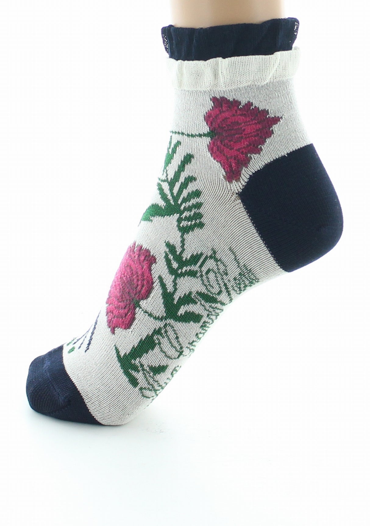 Socquettes femme fil d'Ecosse Fleurs et Feuilles IVOIRE