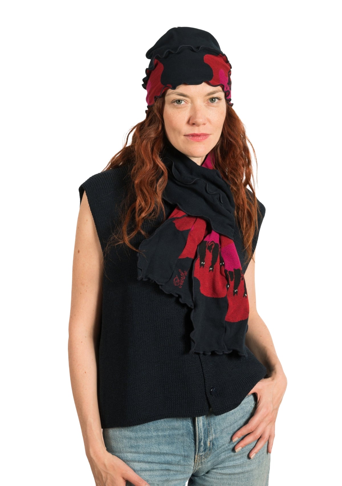Chapeau femme en coton motif Chats rose et rouge