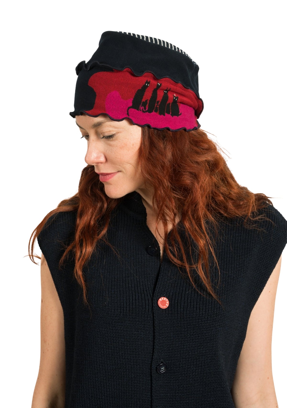 Chapeau femme en coton motif Chats rose et rouge