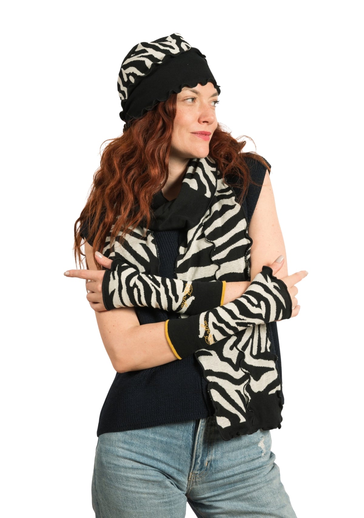 Grande écharpe femme en coton motif Zèbre noir et écru