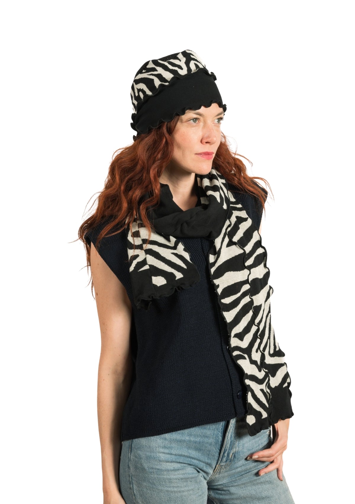 Grande écharpe femme en coton motif Zèbre noir et écru