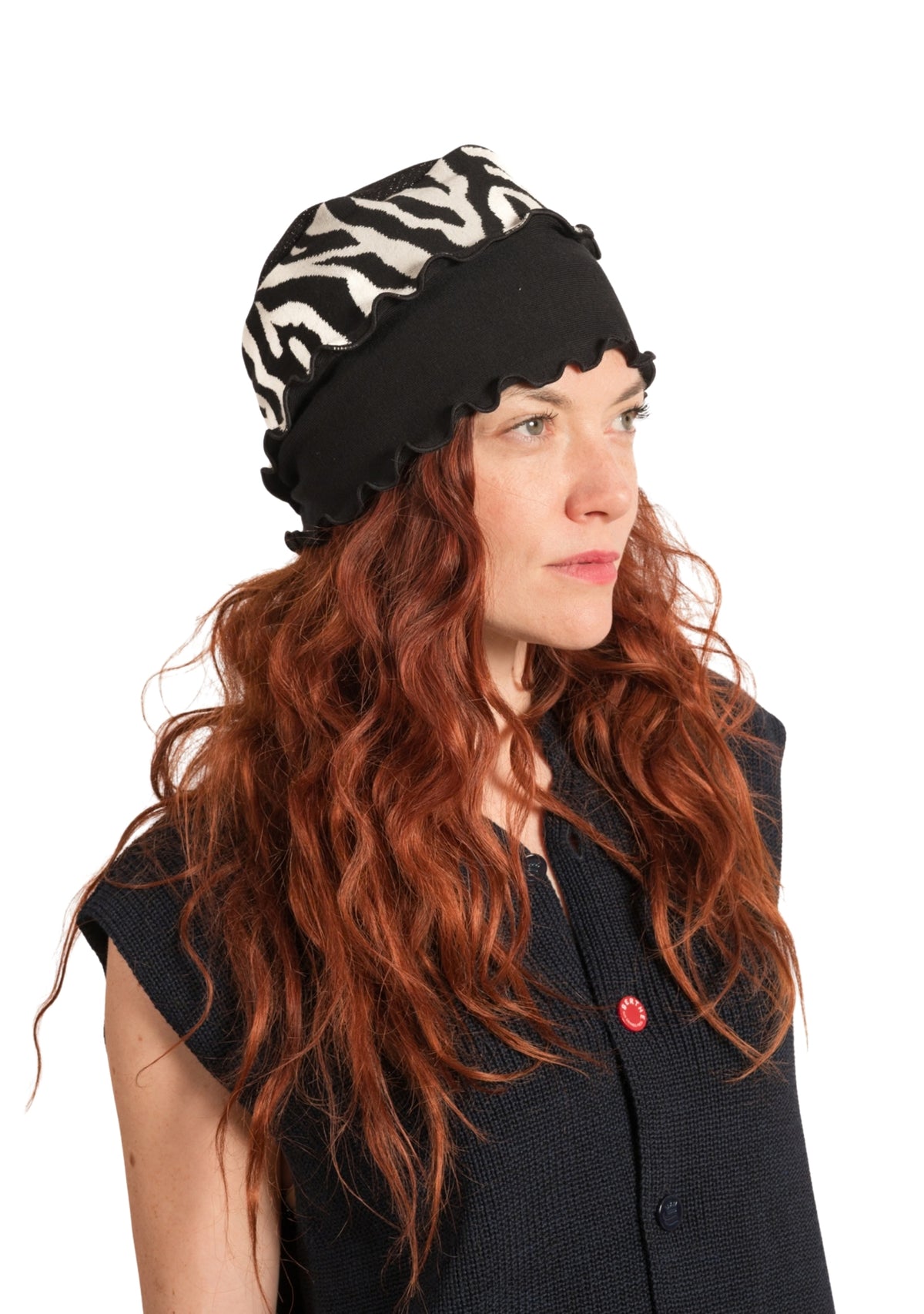 Chapeau femme en coton motif Zèbre noir et écru