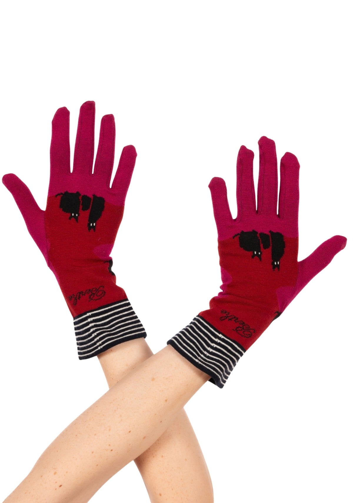 Gants femme en coton motif Chats rose et rouge
