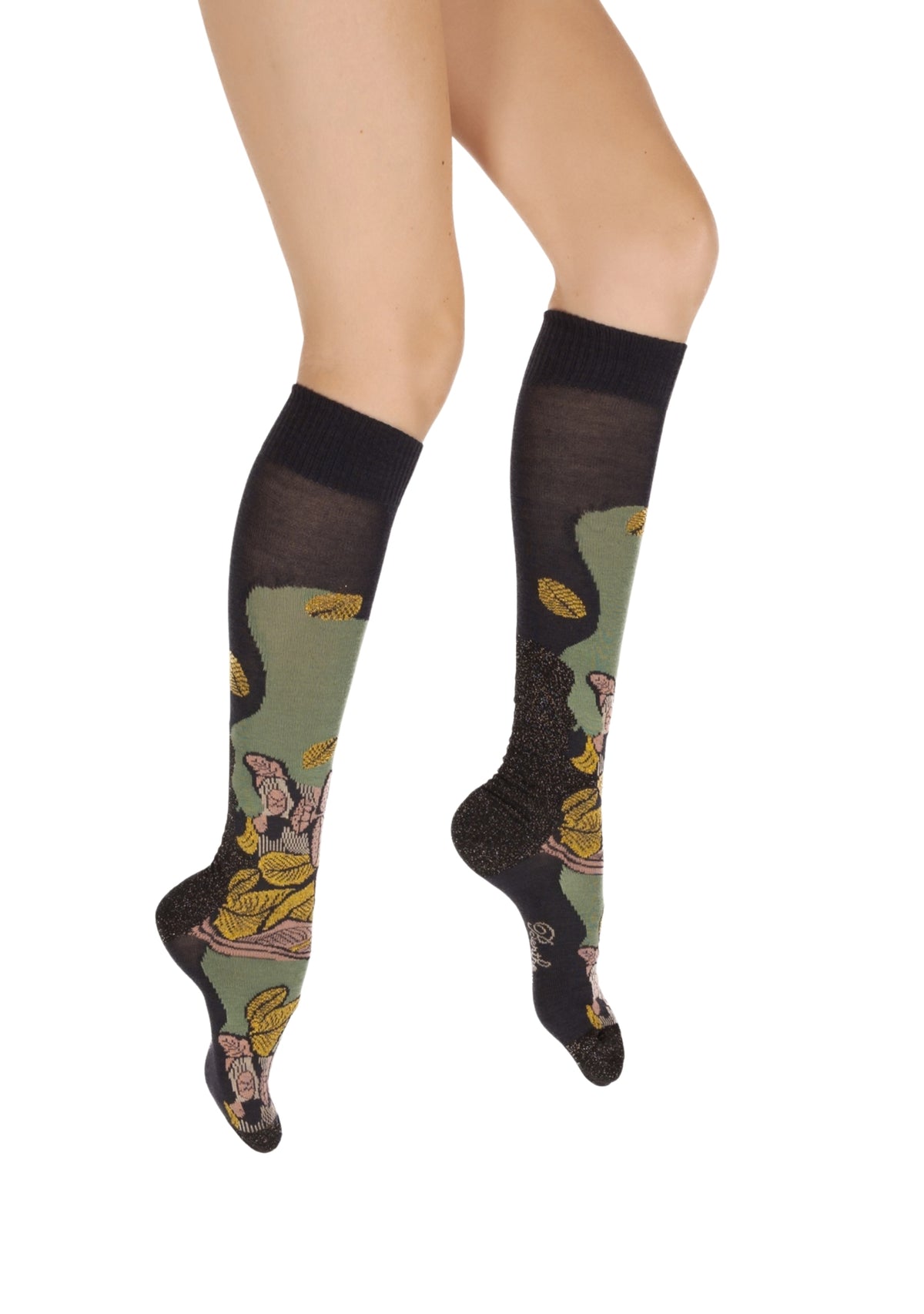 Mi-bas femme en laine et coton motif Feuilles d’Or