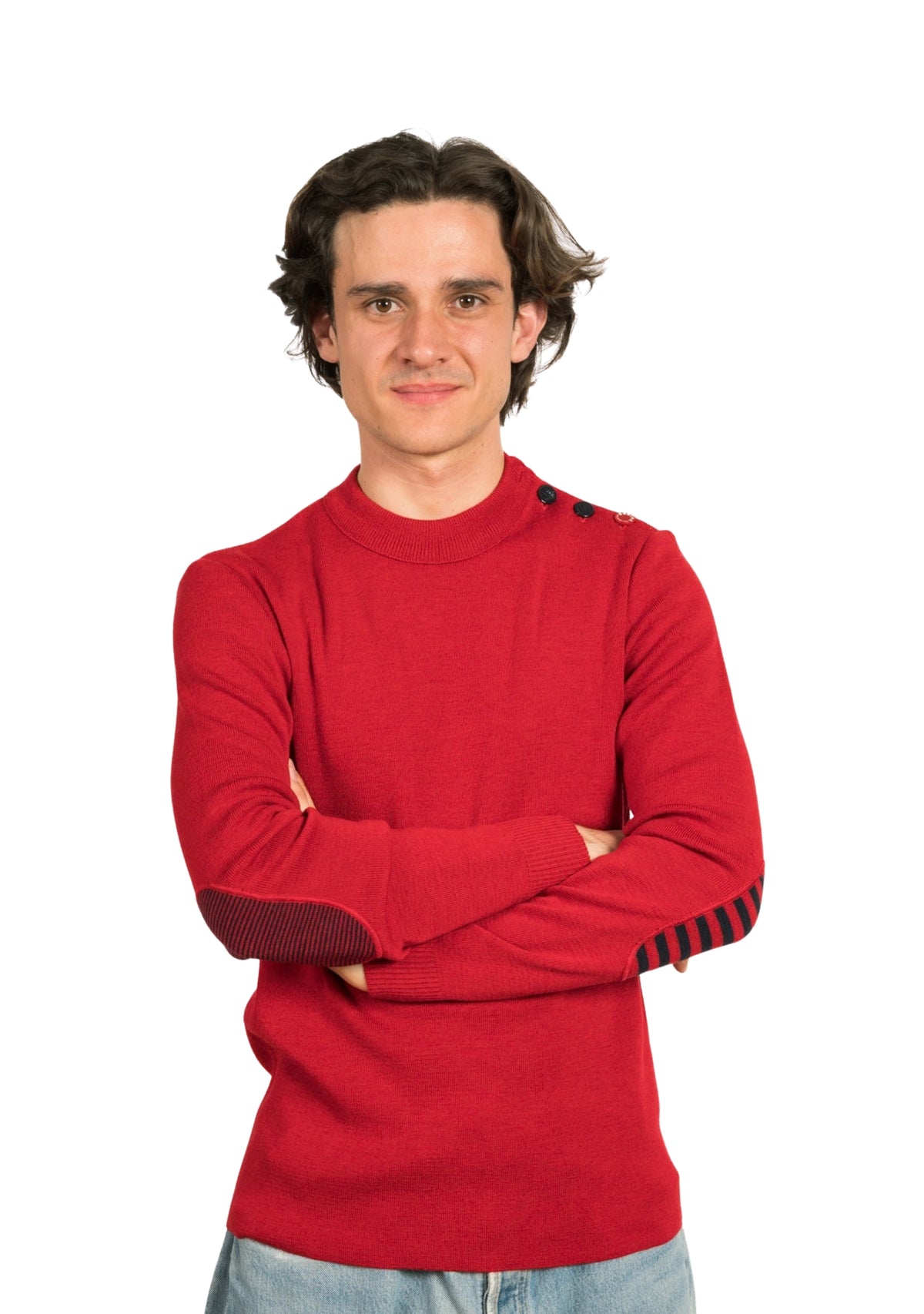 Pull homme en laine rouge à coudières rayées marine et rouge