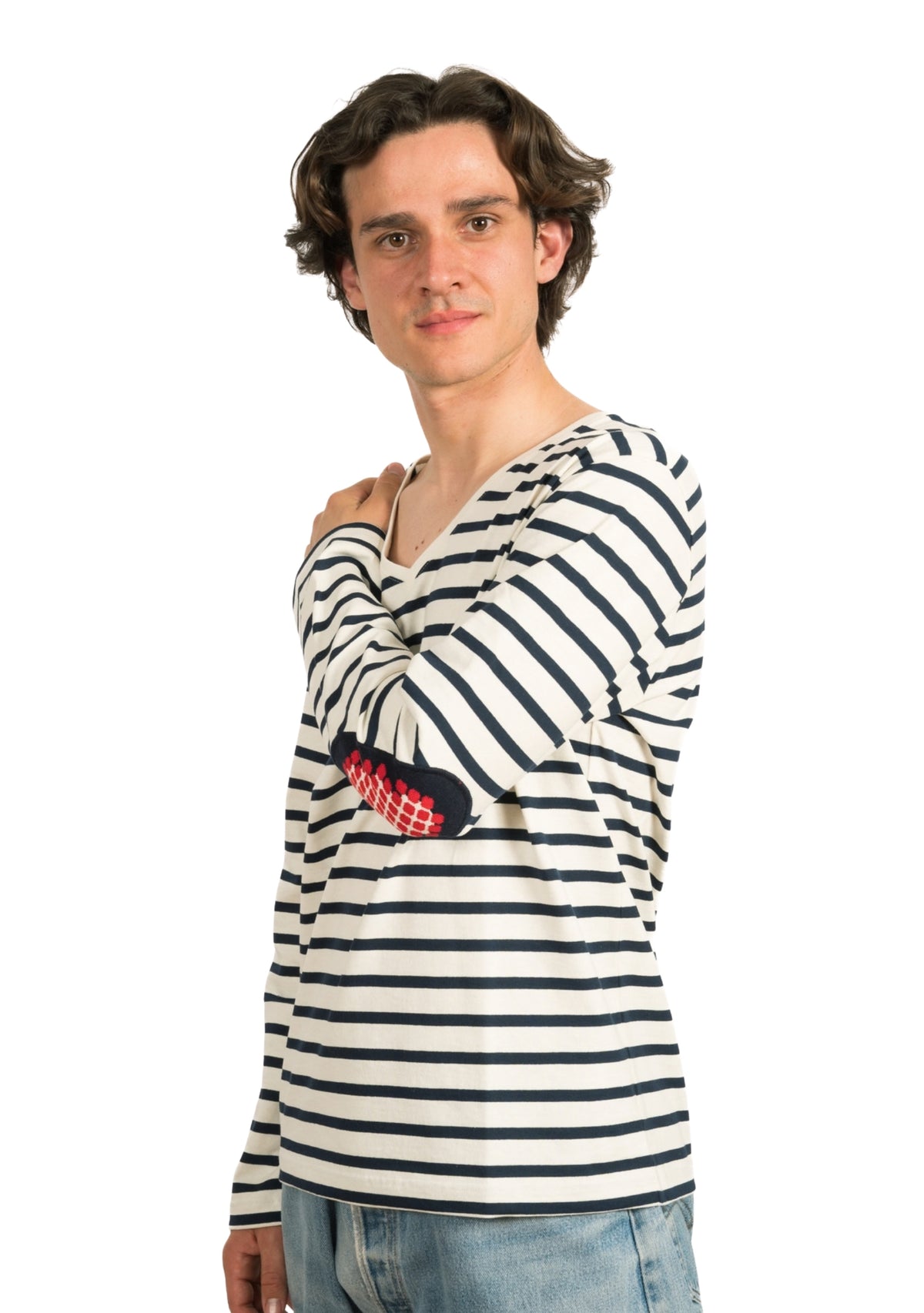 Marinière Made in France col V coudières pois Marine/Ivoire