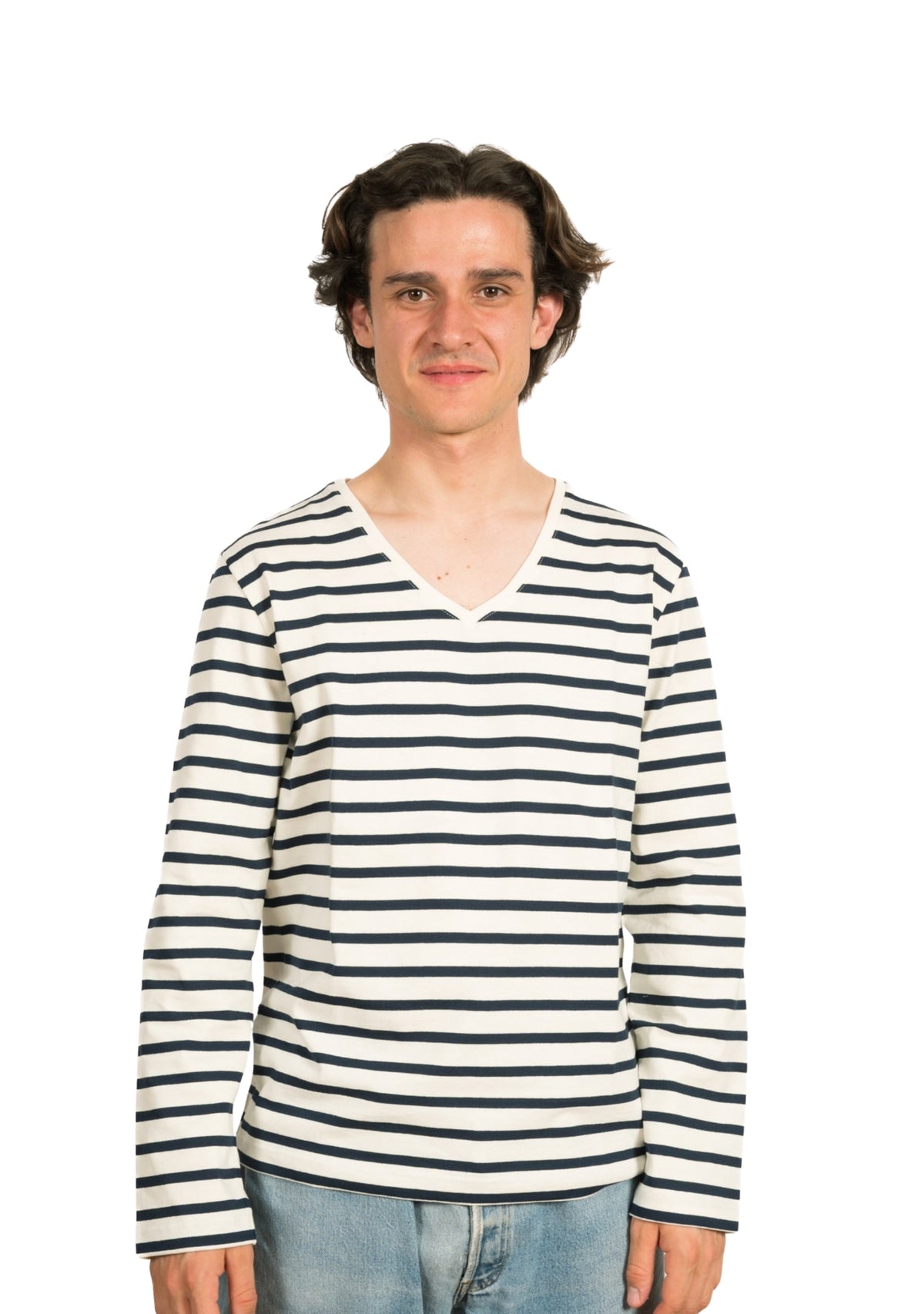 Marinière Made in France col V coudières pois Marine/Ivoire