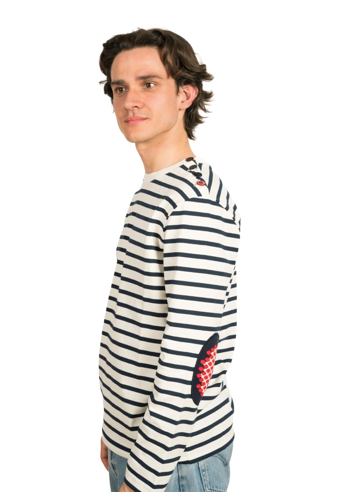 Marinière Made in France col rond coudières pois Marine/Ivoire