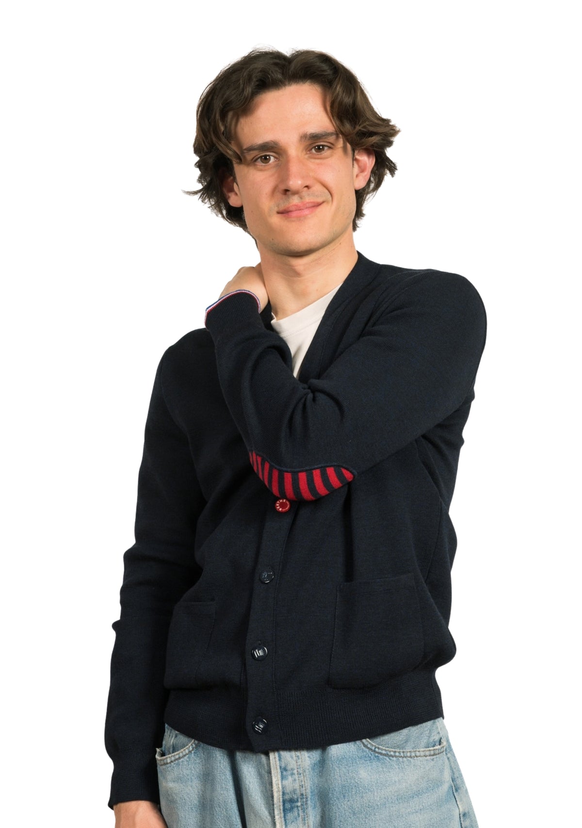 Cardigan mixte marine en pure laine à coudières rayées