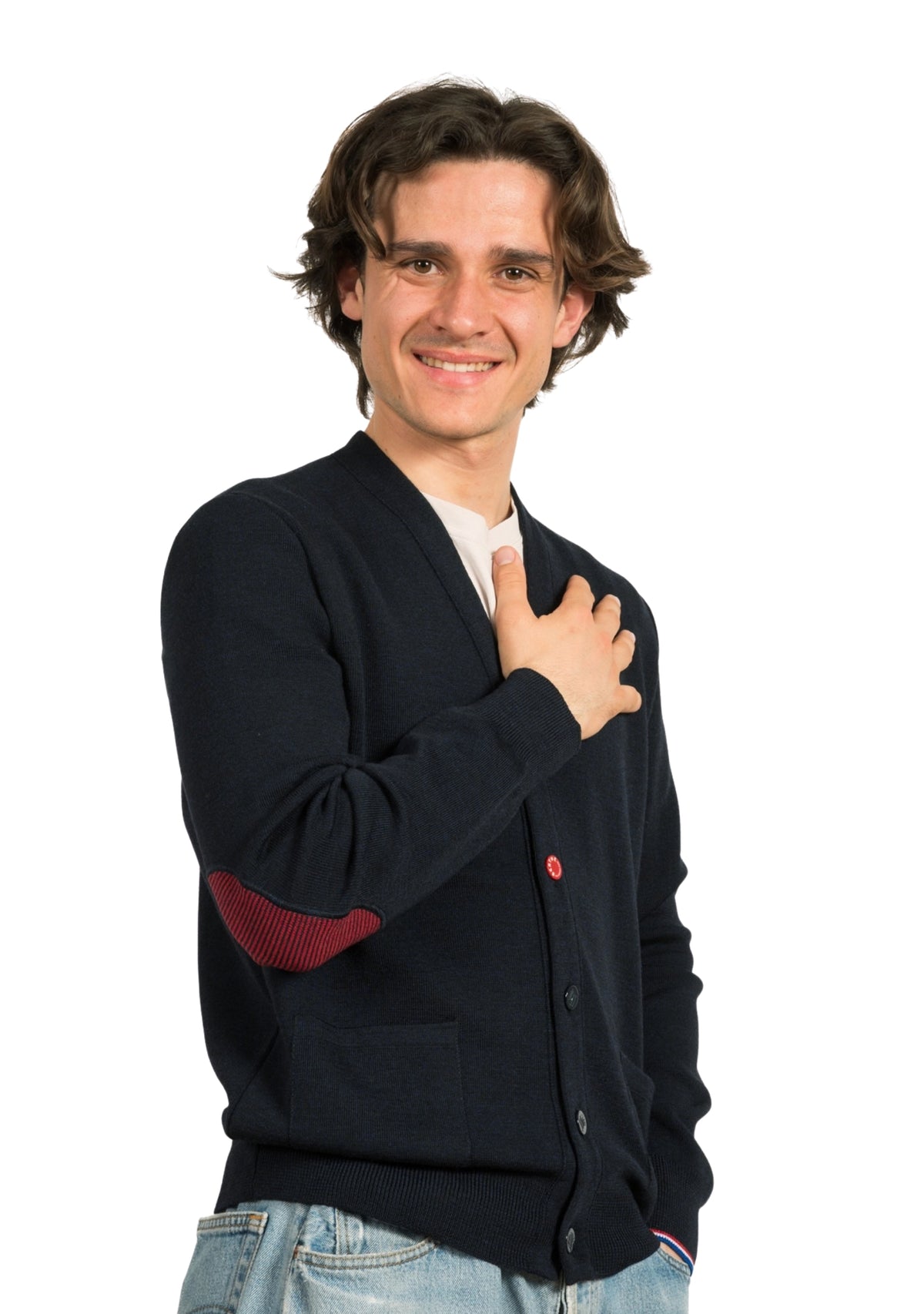 Cardigan mixte marine en pure laine à coudières rayées