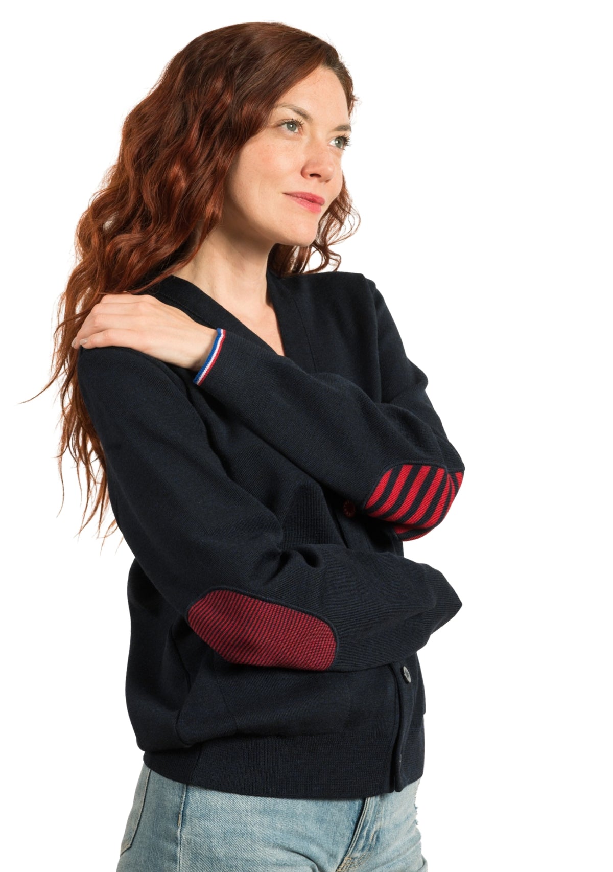 Cardigan mixte marine en pure laine à coudières rayées