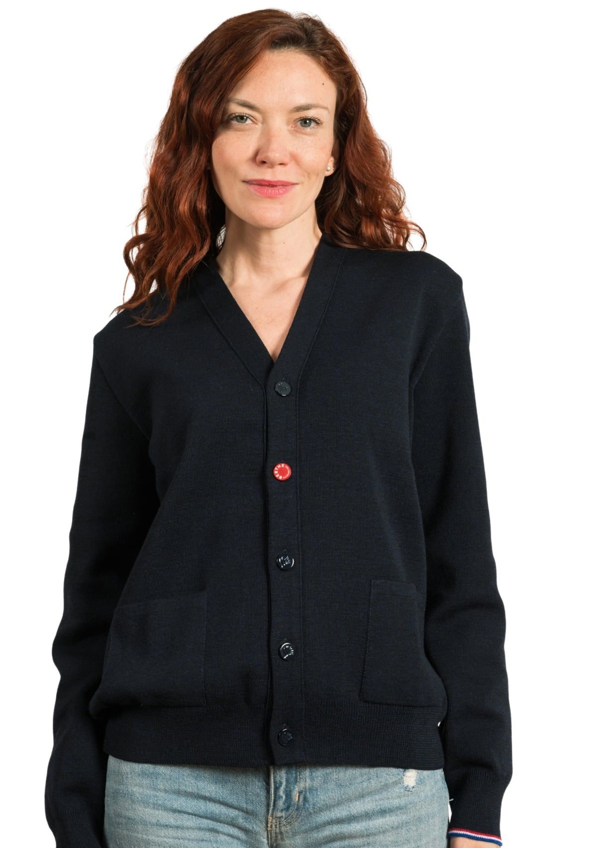 Cardigan mixte marine en pure laine à coudières rayées