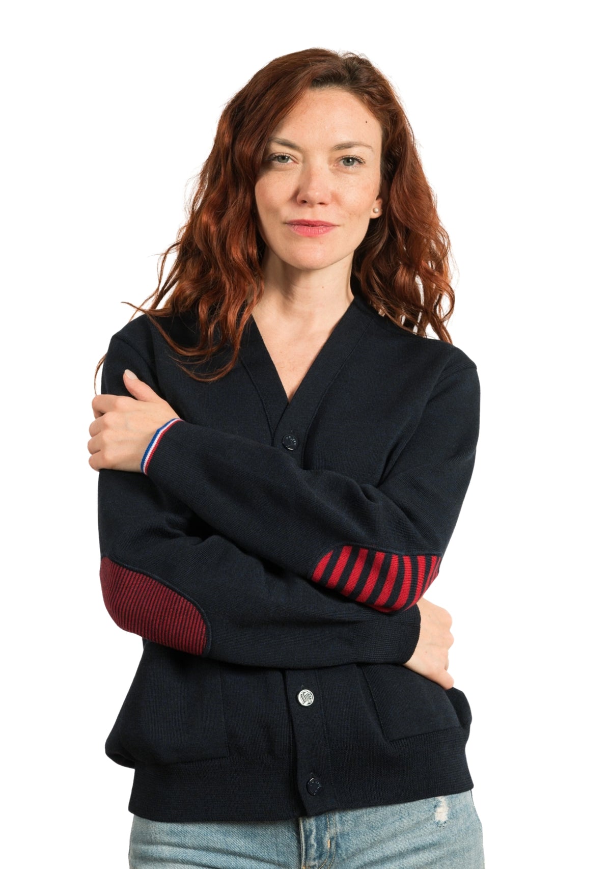 Cardigan mixte marine en pure laine à coudières rayées