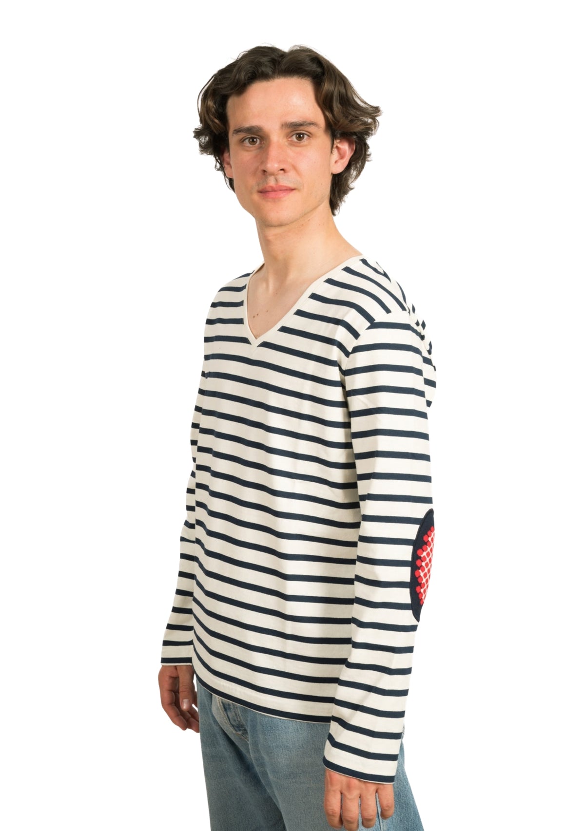 Marinière Made in France col V coudières pois Marine/Ivoire