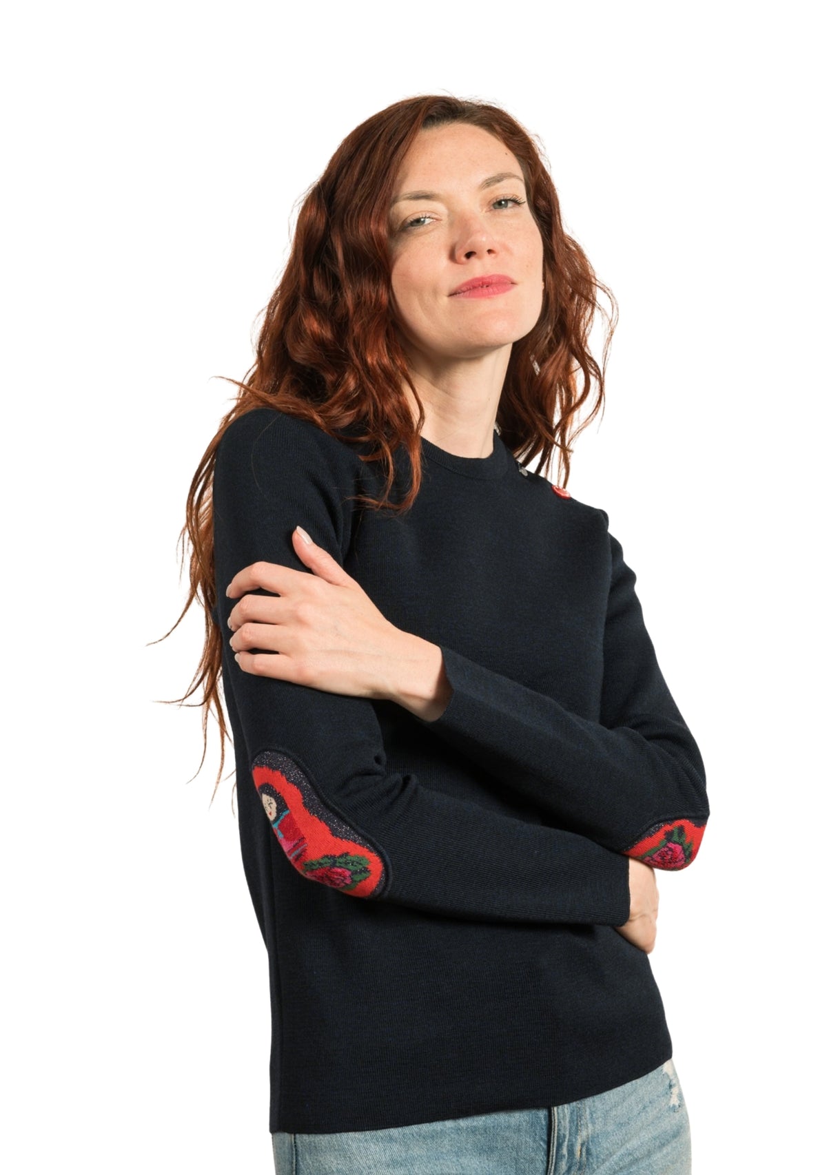 Pull femme marine en laine à coudières Matriochka