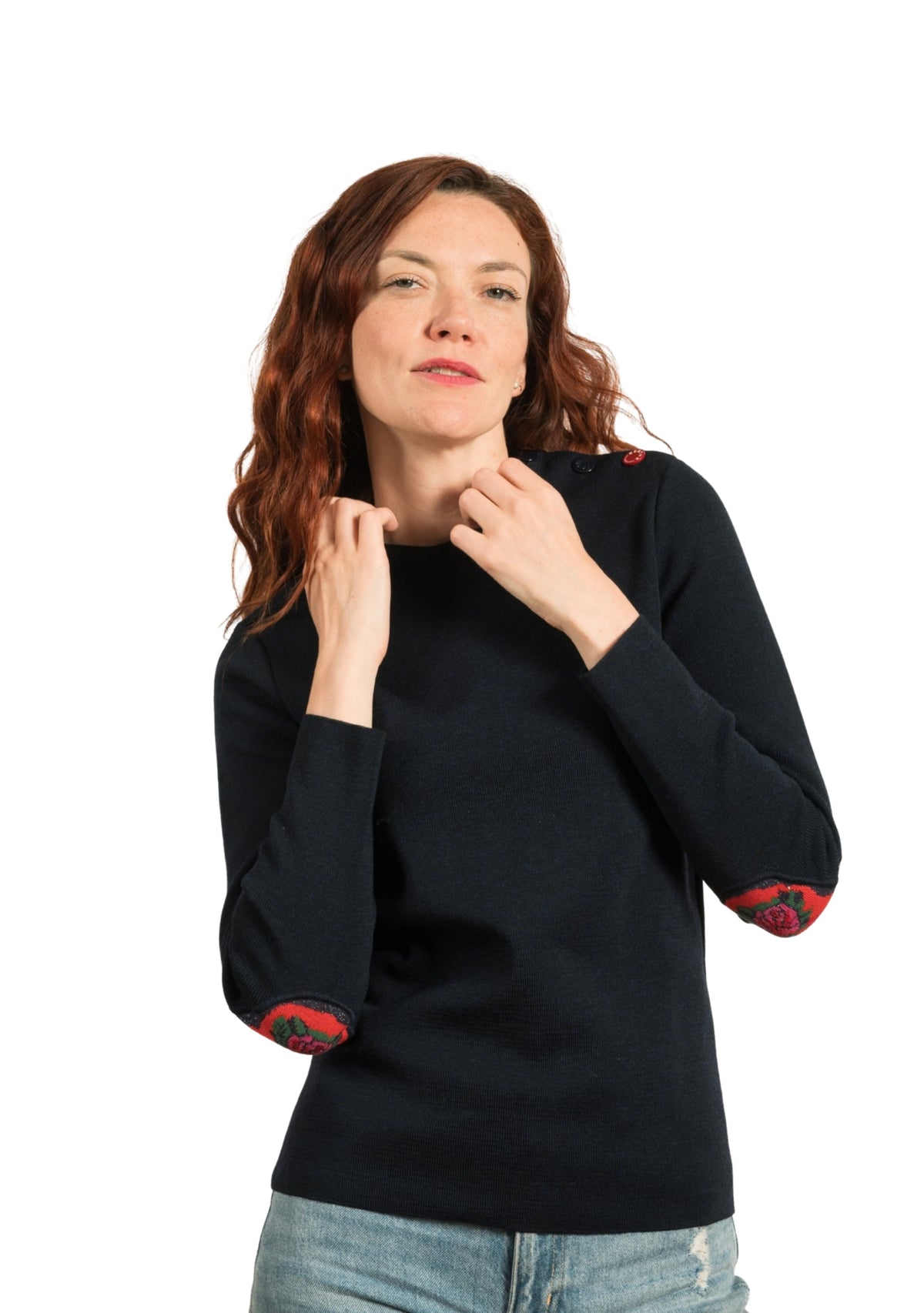 Pull femme marine en laine à coudières Matriochka