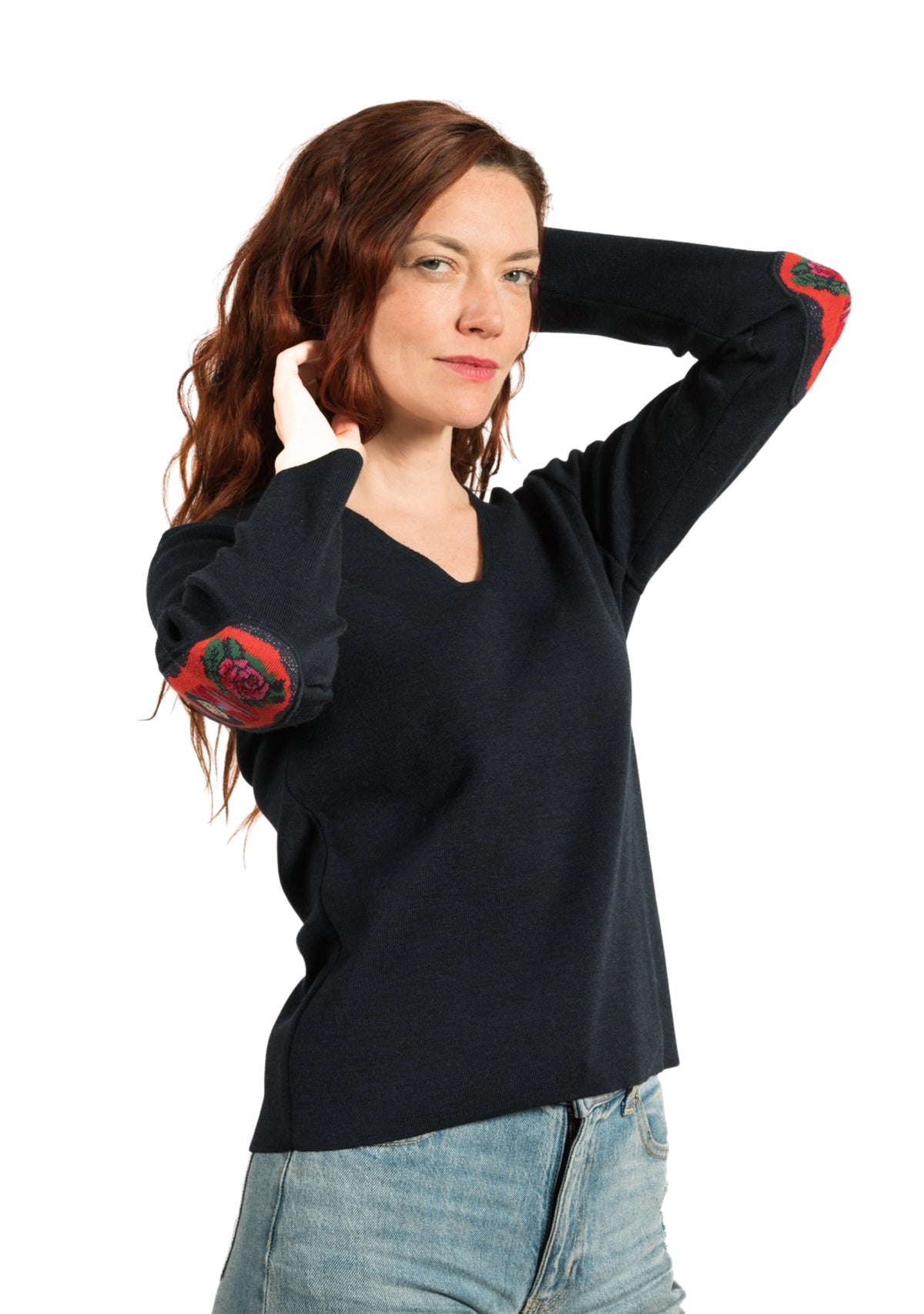 Pull femme marine en laine col V à coudières Matriochka