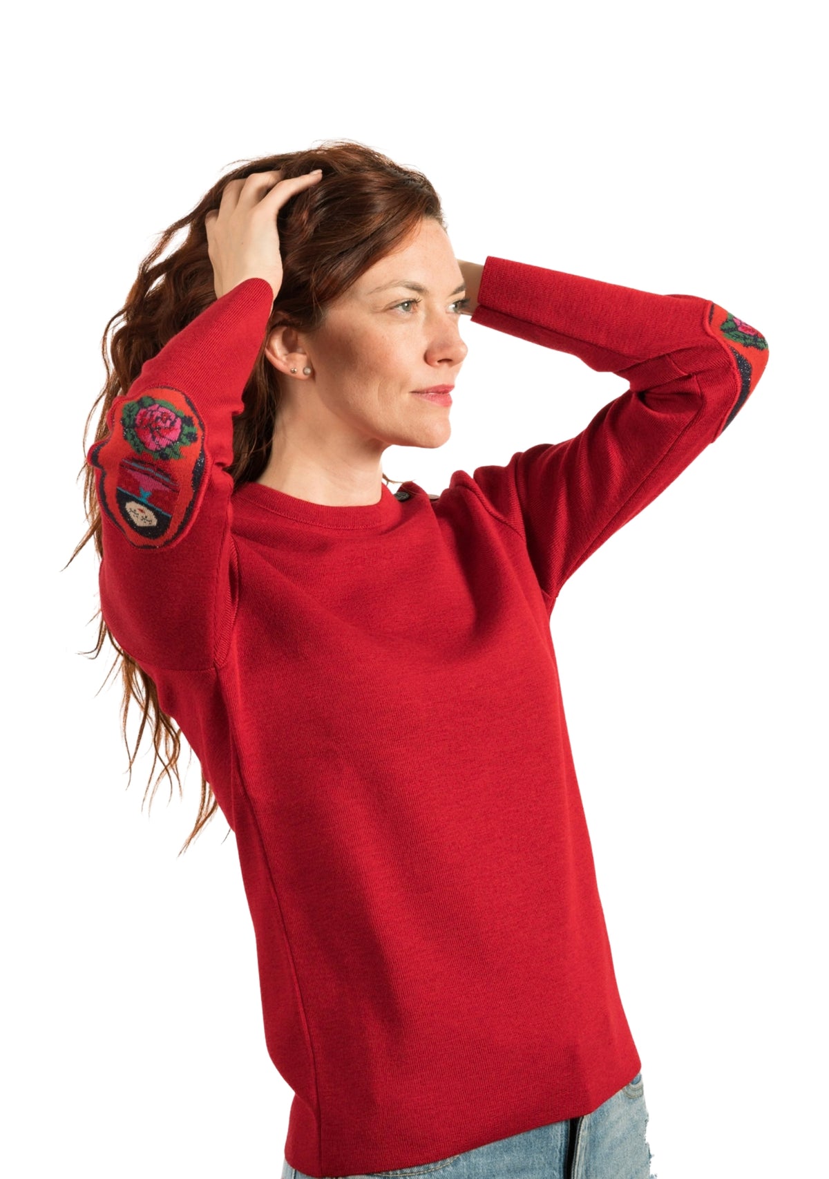 Pull femme rouge en laine à coudières Matriochka