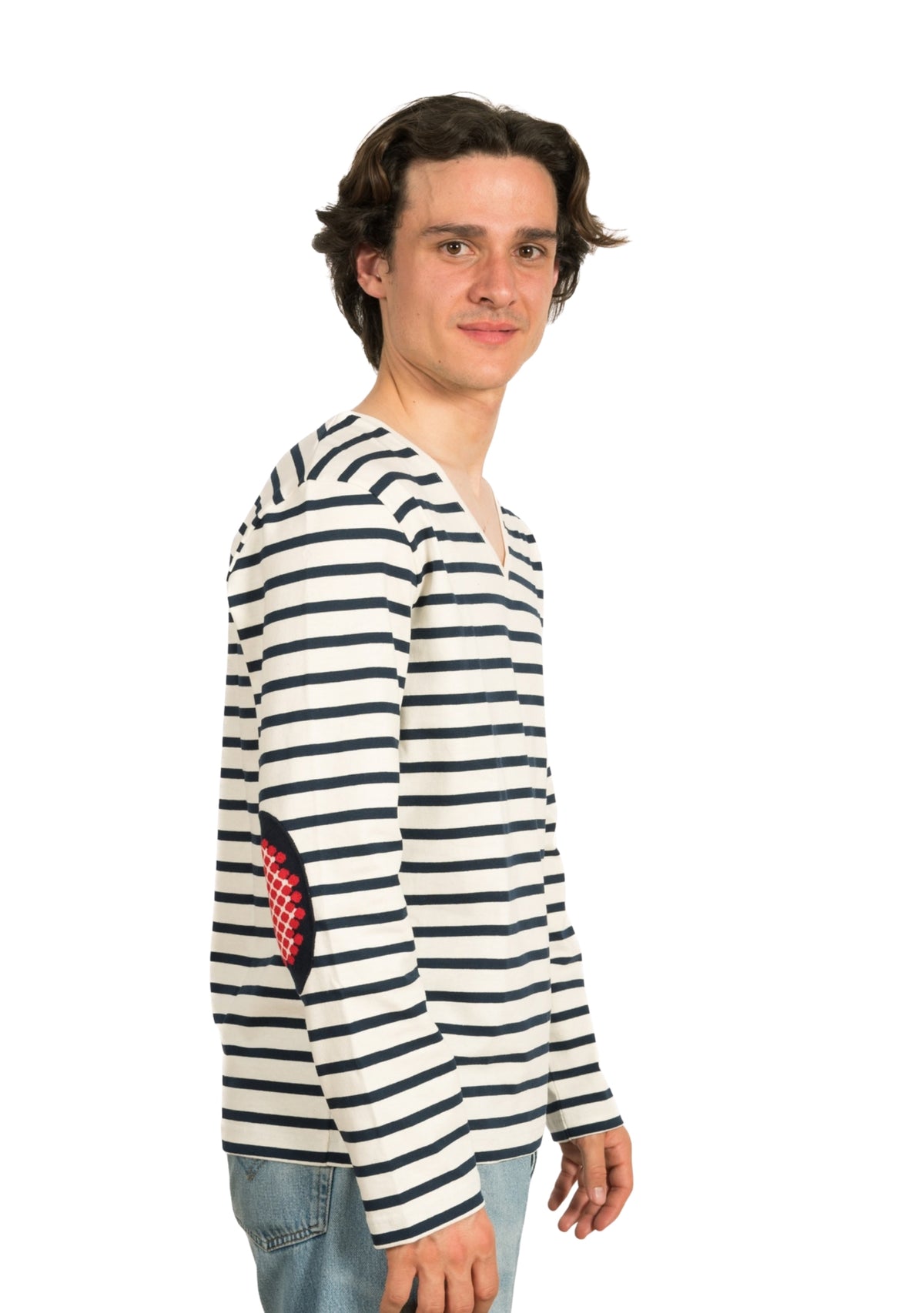Marinière Made in France col V coudières pois Marine/Ivoire