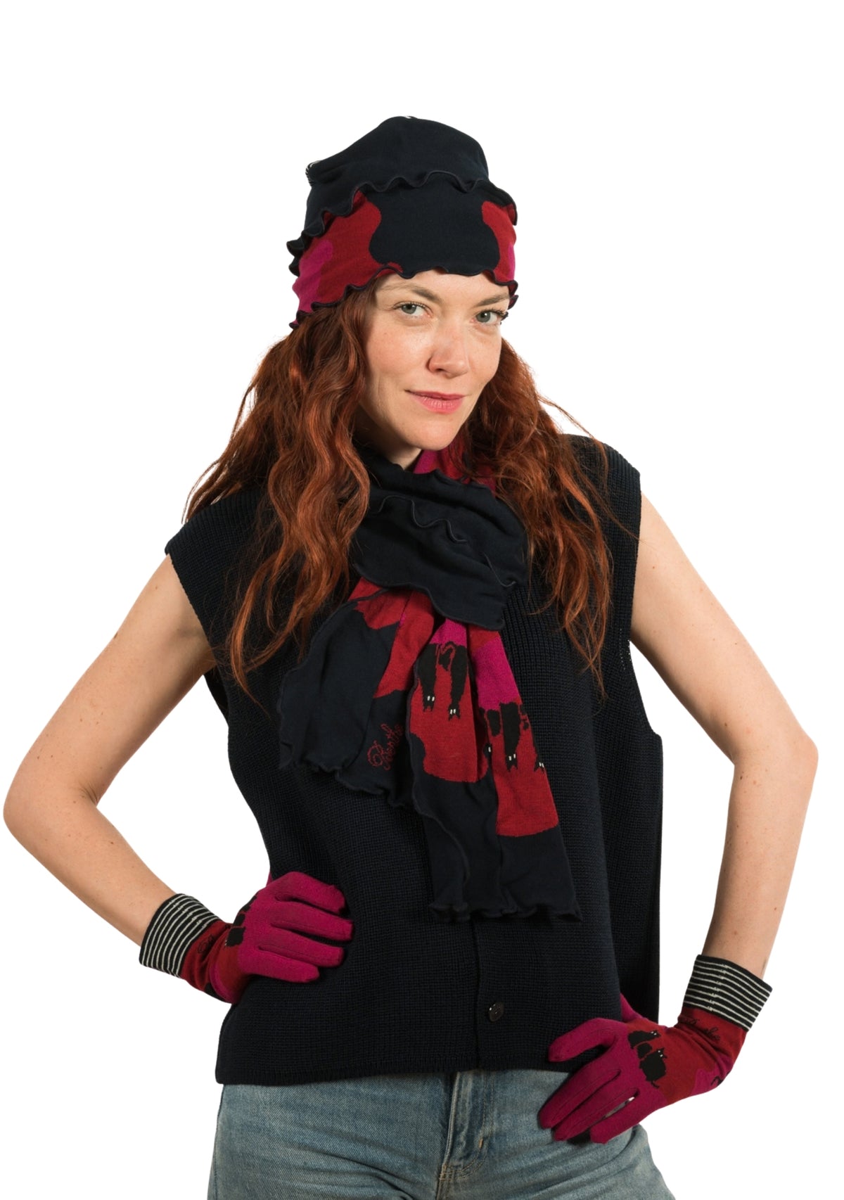 Chapeau femme en coton motif Chats rose et rouge