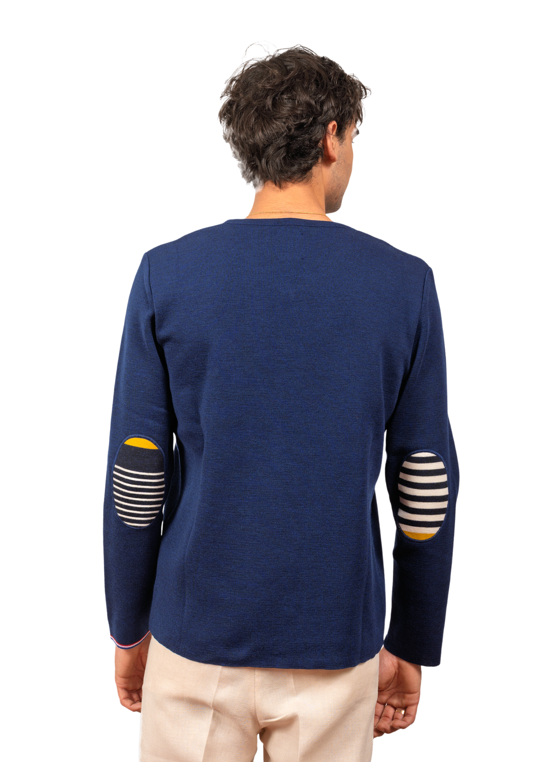 Pull homme col V - Bleu royal uni - Rayures asymétrique Marine/Jaune