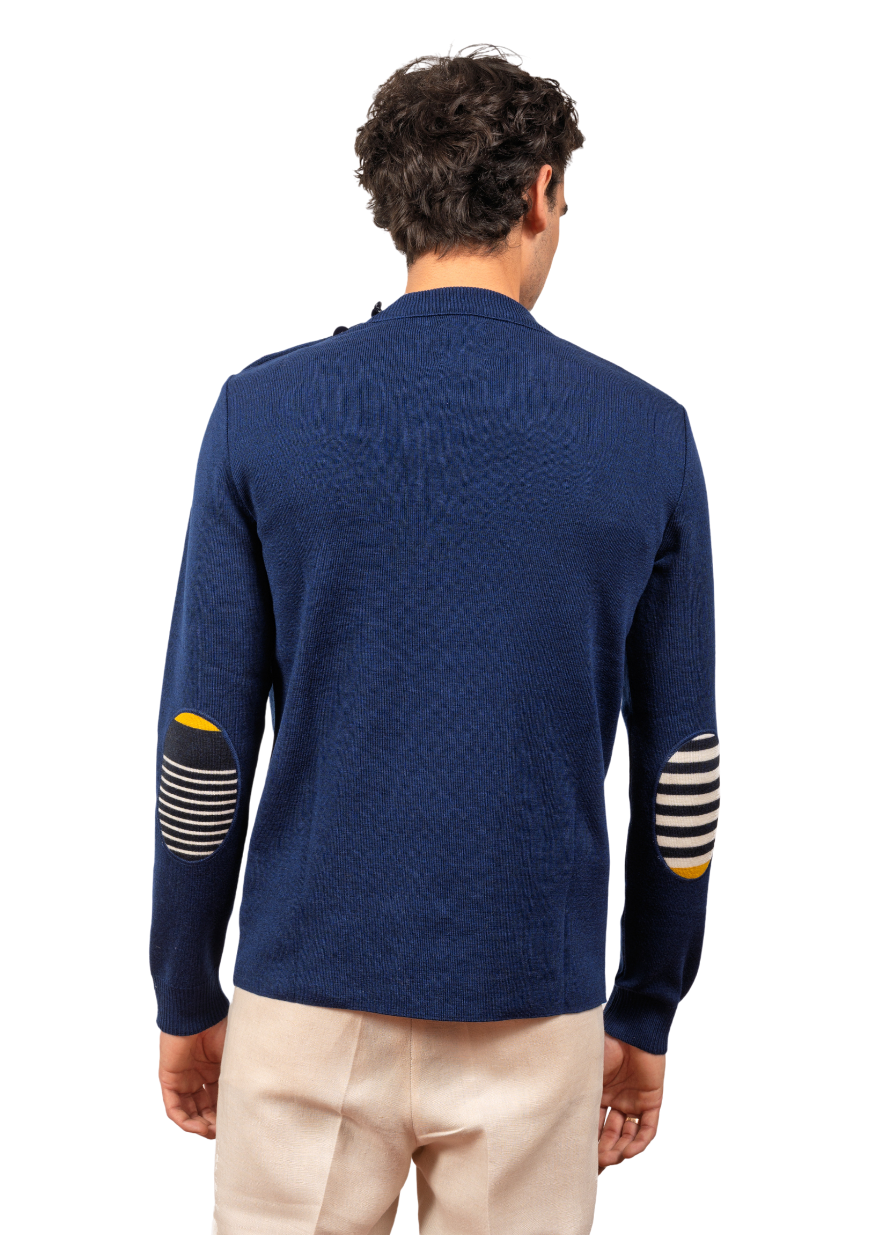 Pull marin homme en laine vierge - Bleu royal - Rayures asymétriques marine/jaune