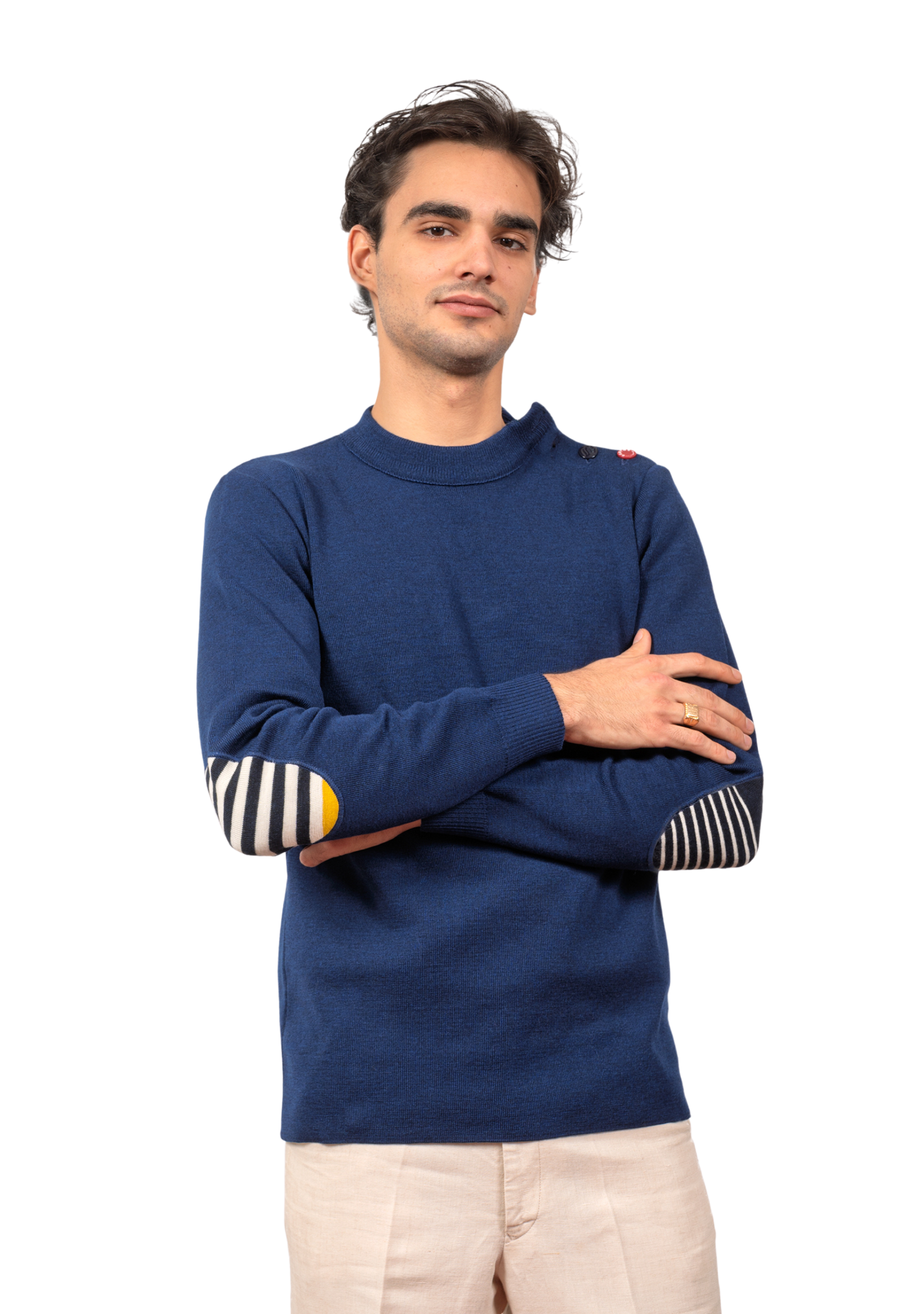 Pull marin homme en laine vierge - Bleu royal - Rayures asymétriques marine/jaune