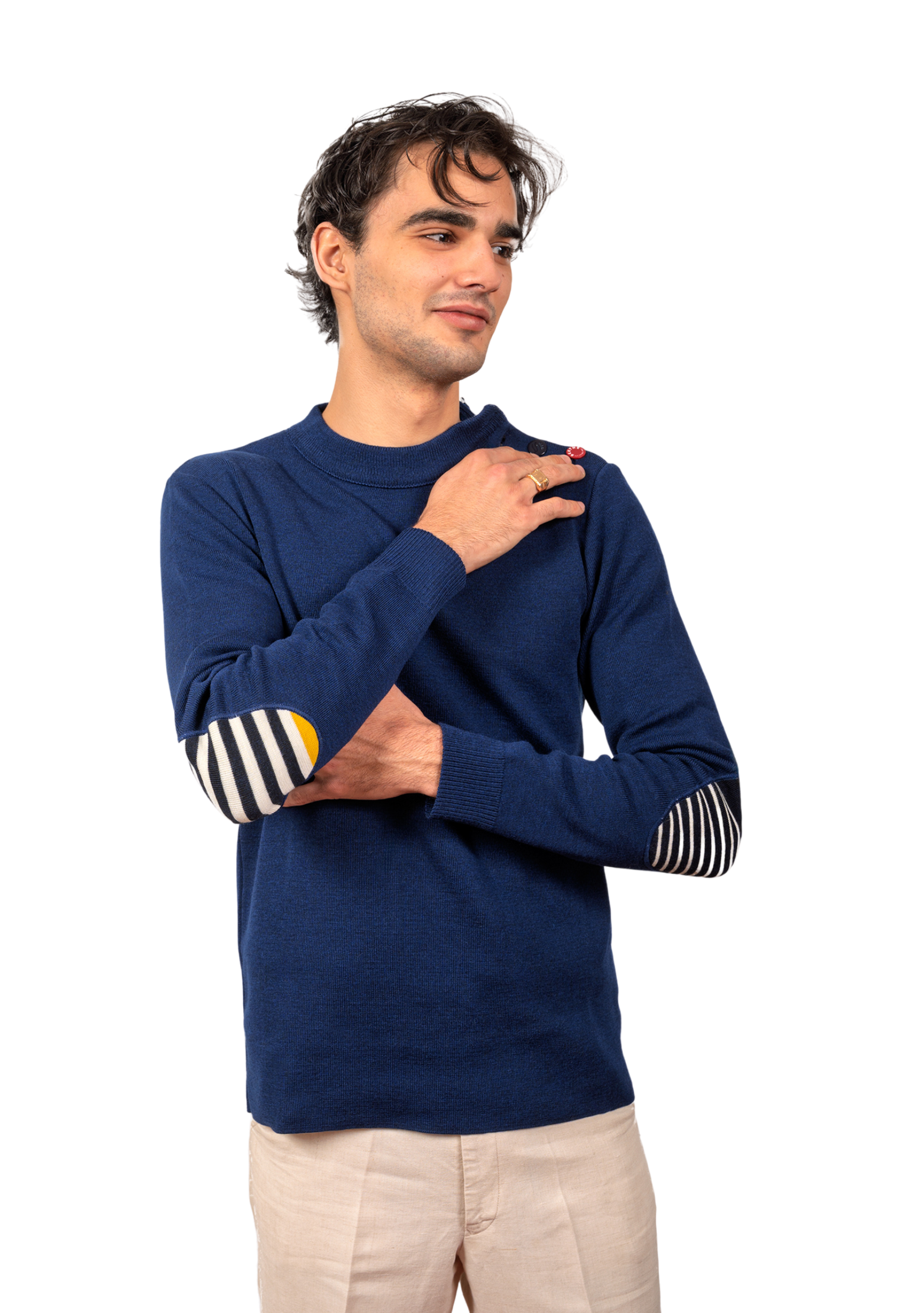 Pull marin homme en laine vierge - Bleu royal - Rayures asymétriques marine/jaune