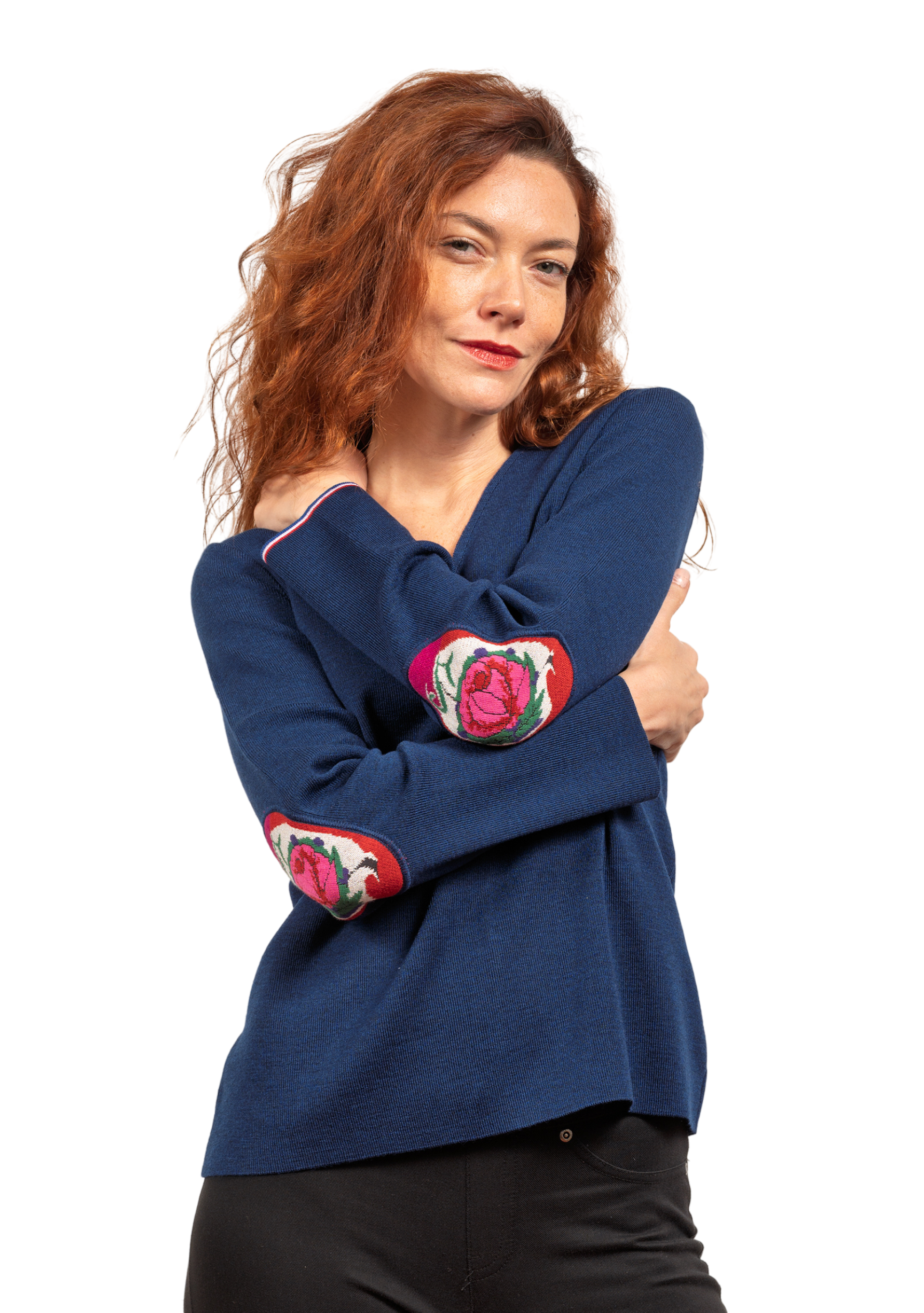 Pull femme en laine mérinos à col V - Bleu royal - Fleurs de rose