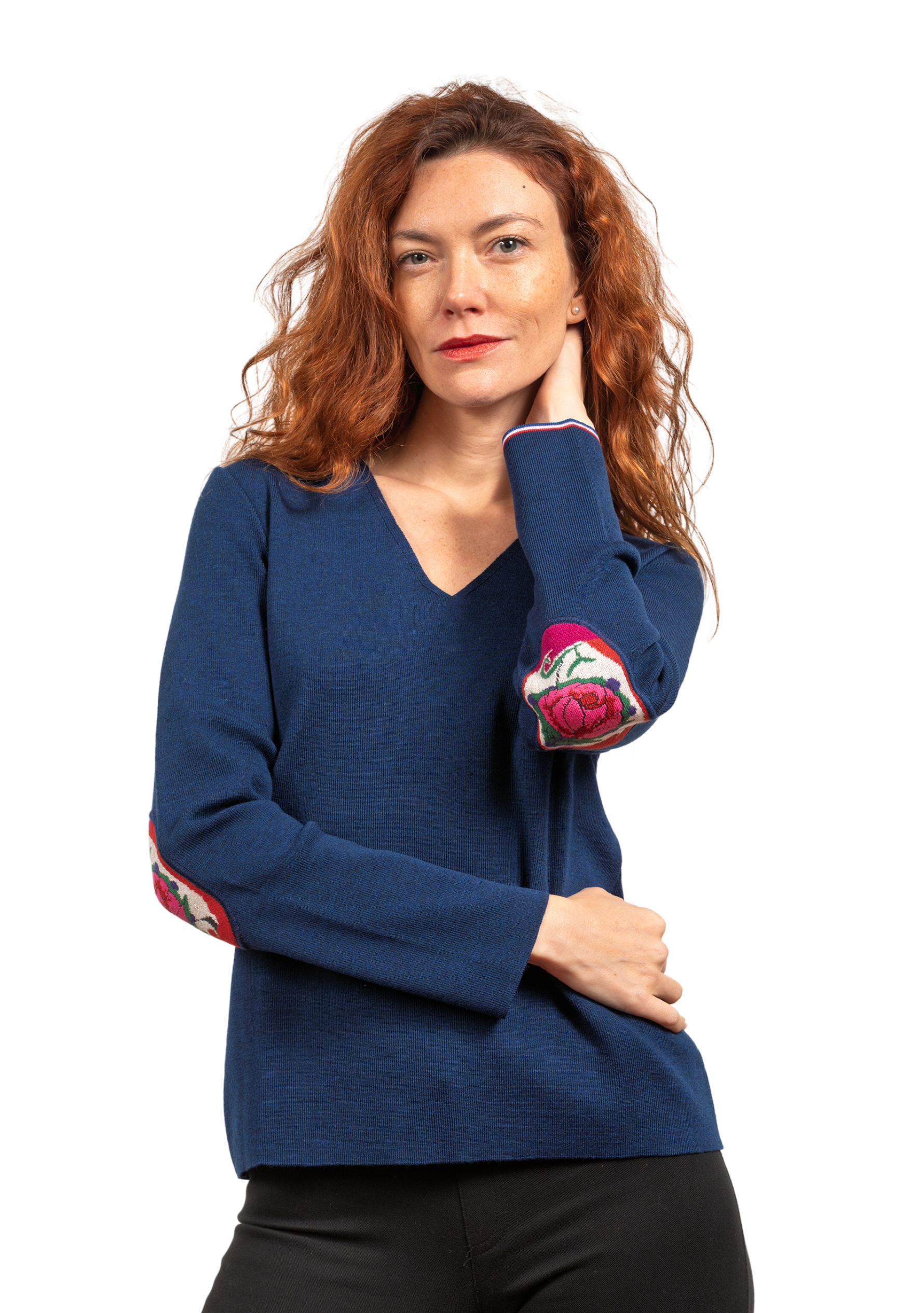 Pull femme en laine mérinos à col V - Bleu royal - Fleurs de rose
