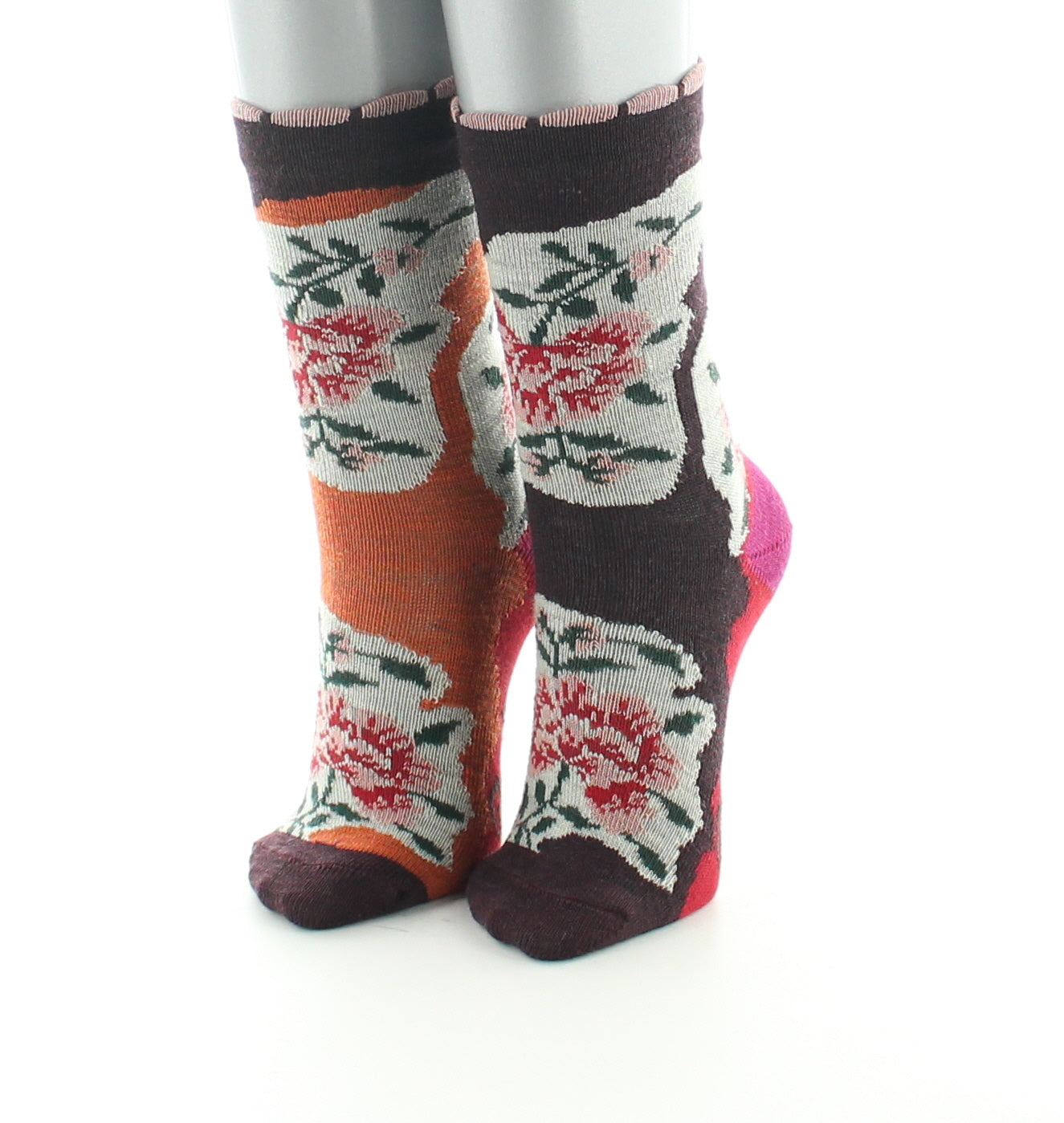 Chaussettes bébé laine peignée fleurs sur fond orange et bordeaux ORANGE/BORDEAUX