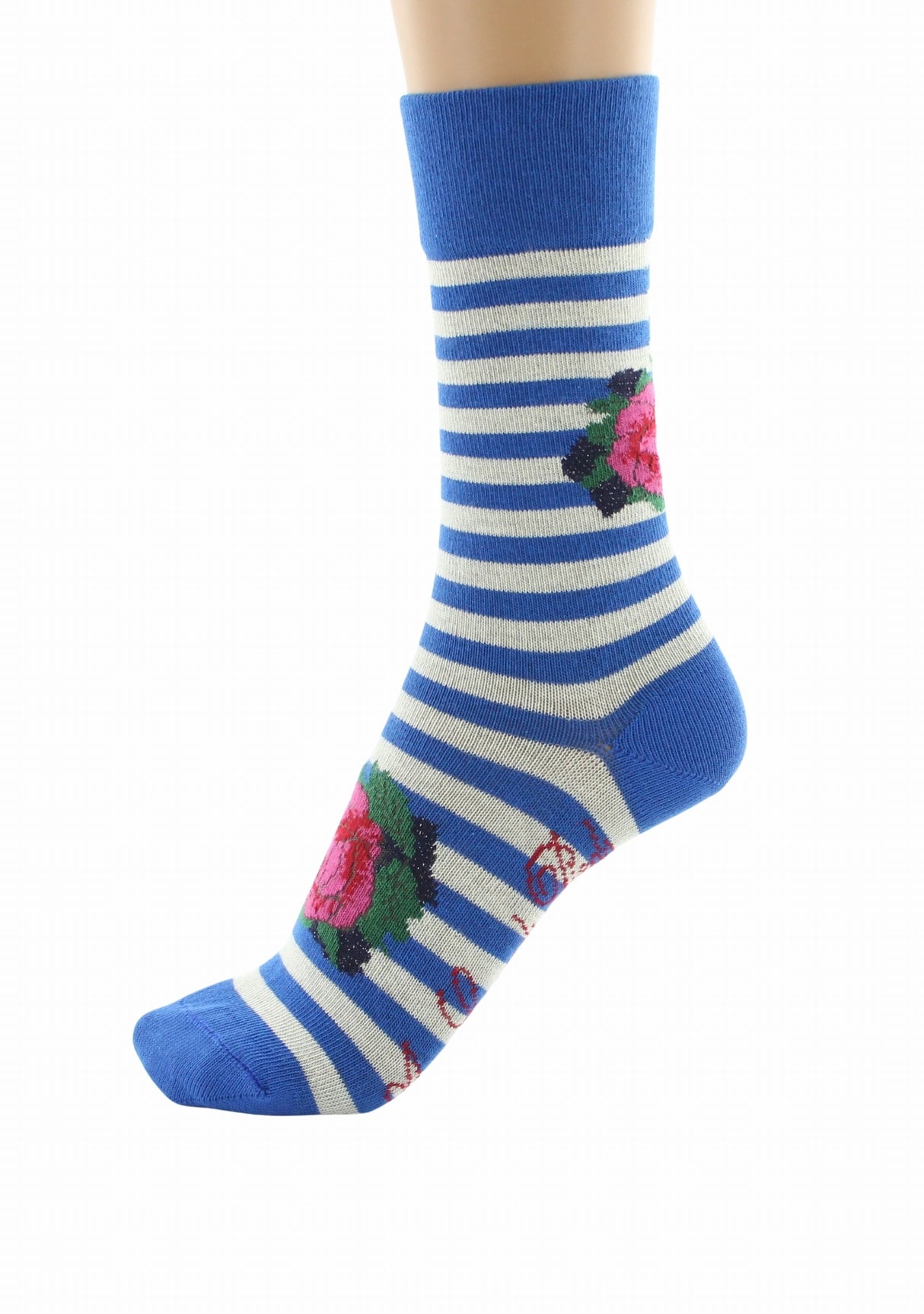 Chaussettes coton femme Berthe Aux Grands Pieds marinière bleu/ivoire Fleur de rose BLEU DE CHINE/IVOIRE