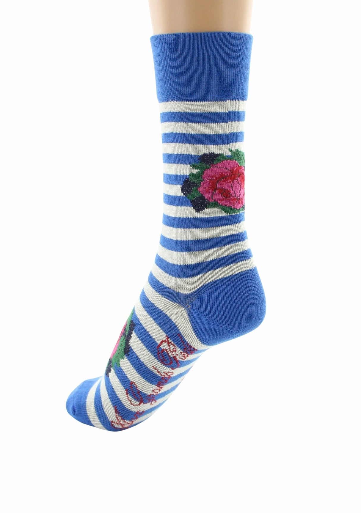Chaussettes coton femme Berthe Aux Grands Pieds marinière bleu/ivoire Fleur de rose BLEU DE CHINE/IVOIRE