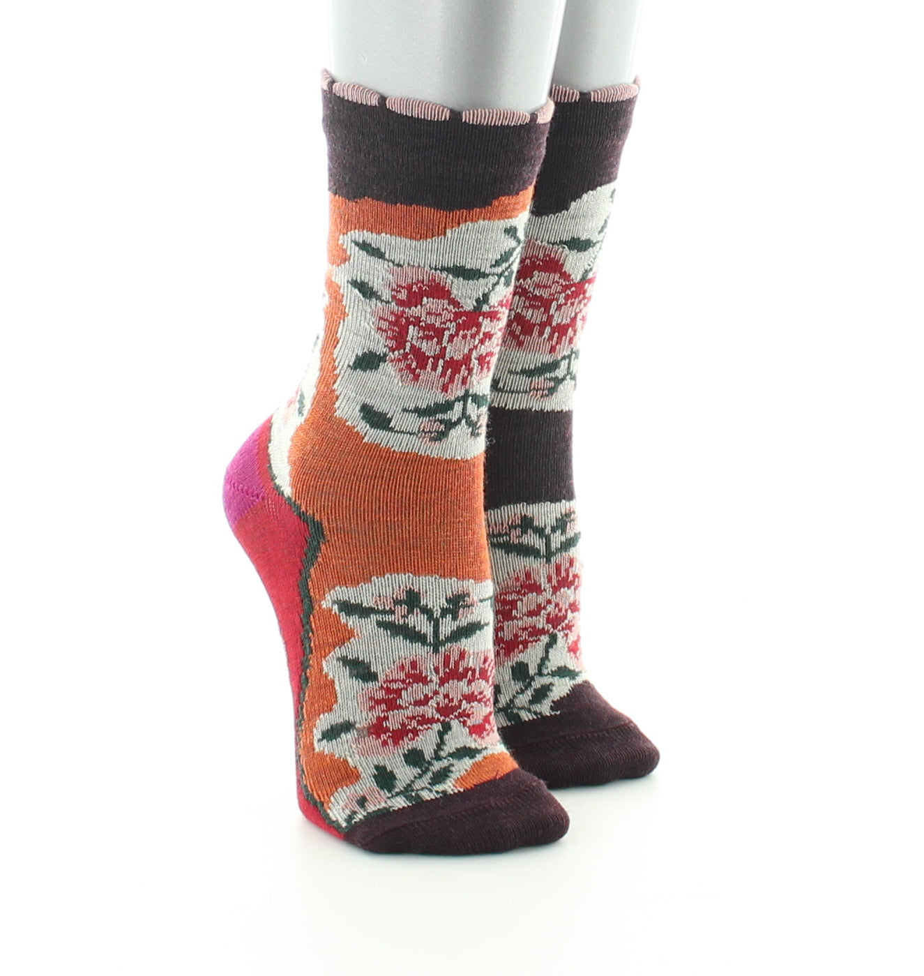 Chaussettes enfant laine peignée fleurs sur fond orange et bordeaux ORANGE/BORDEAUX