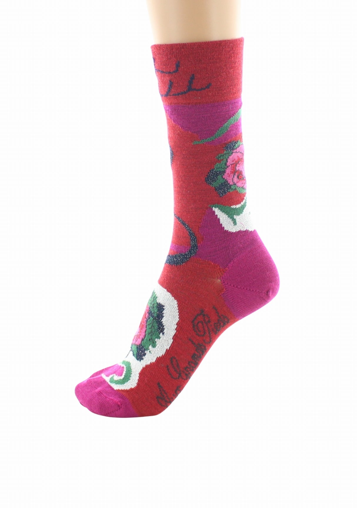 Chaussettes femme en laine peignée Berthe Fleurs de rose ROUGE