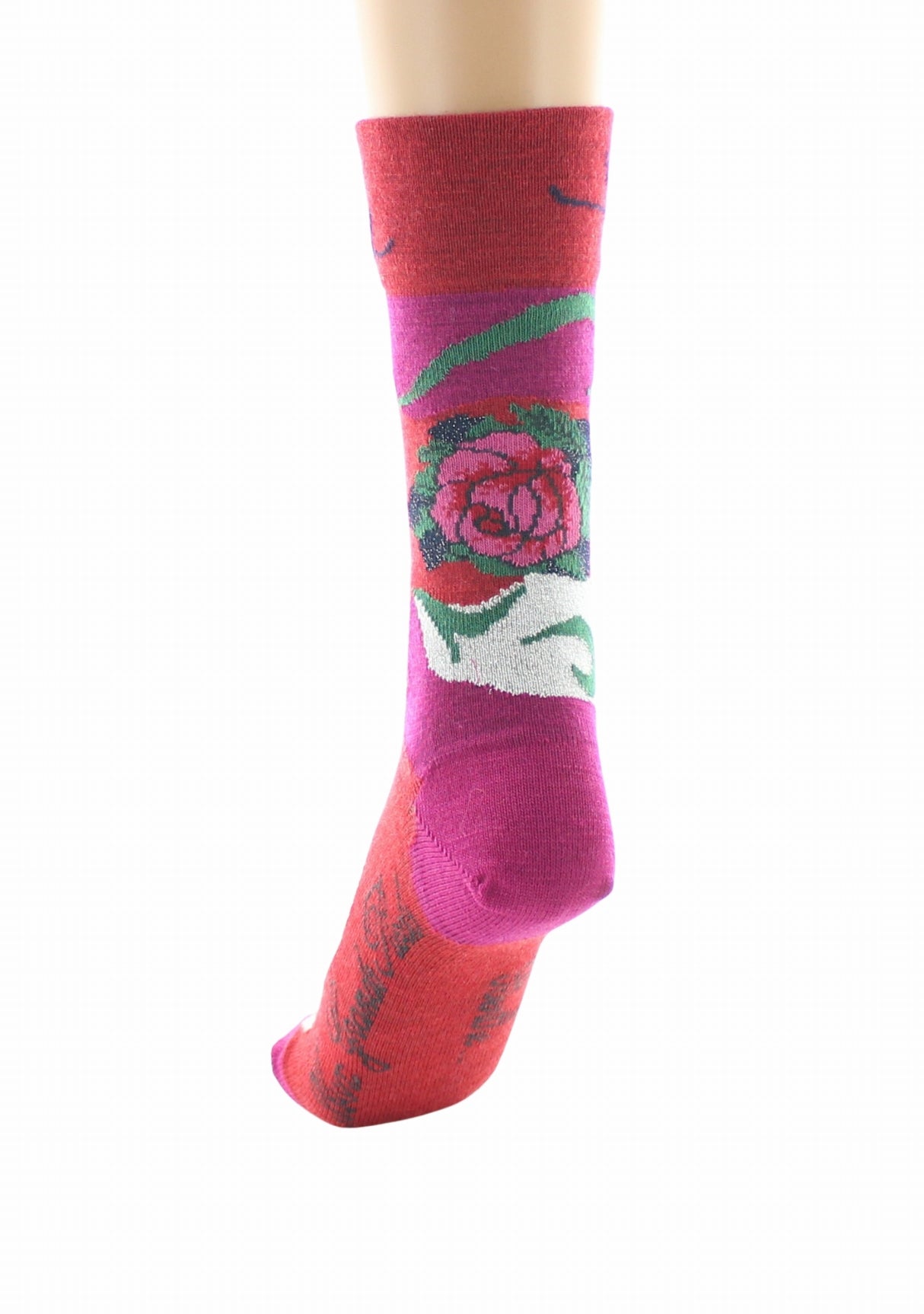 Chaussettes femme en laine peignée Berthe Fleurs de rose ROUGE