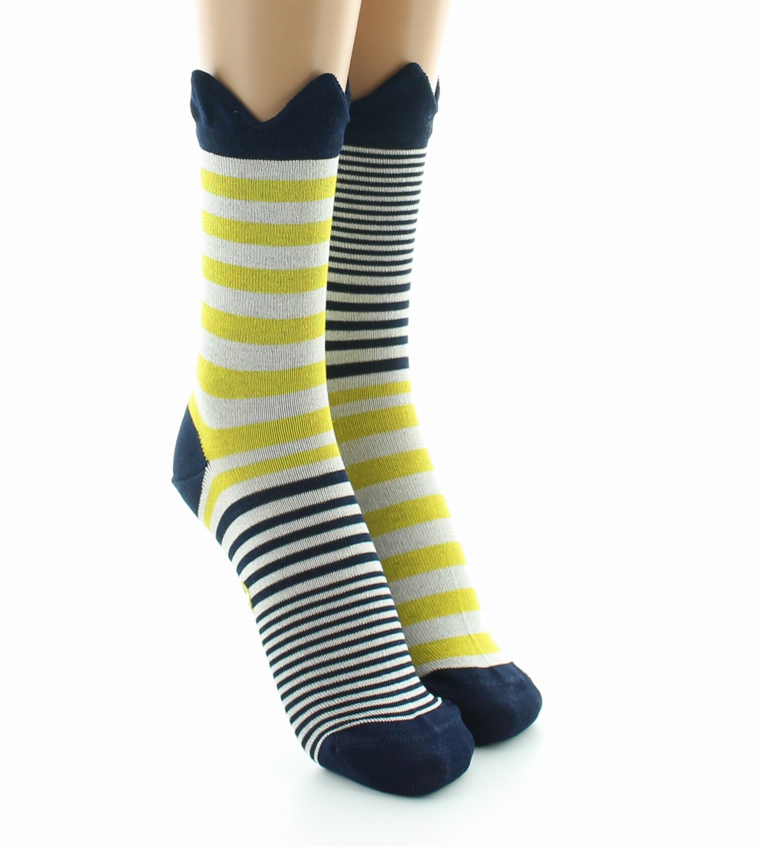 Chaussettes femme fil d'Ecosse couronne marine sur rayures jaunes MARINE/JAUNE