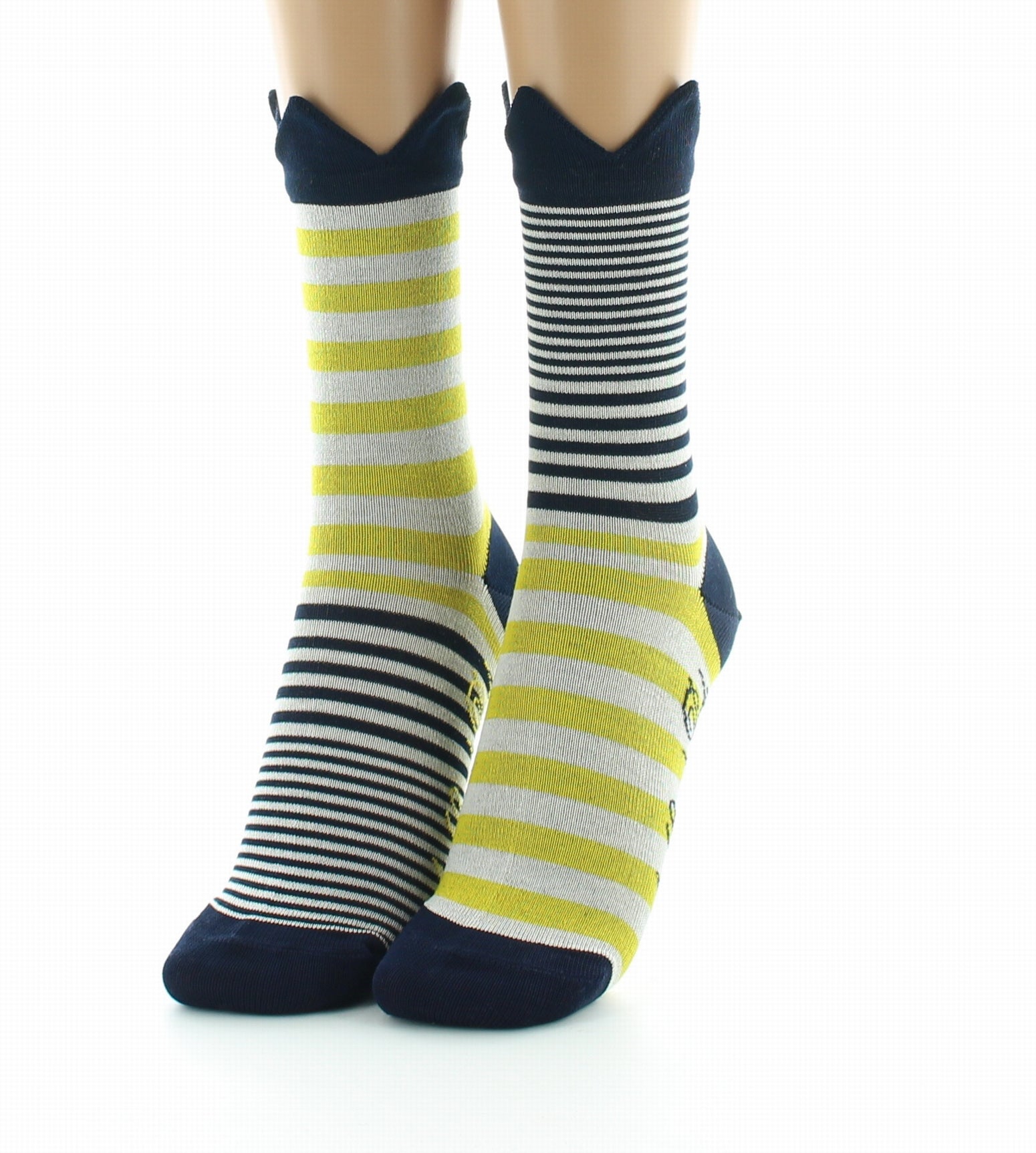 Chaussettes femme fil d'Ecosse couronne marine sur rayures jaunes MARINE/JAUNE