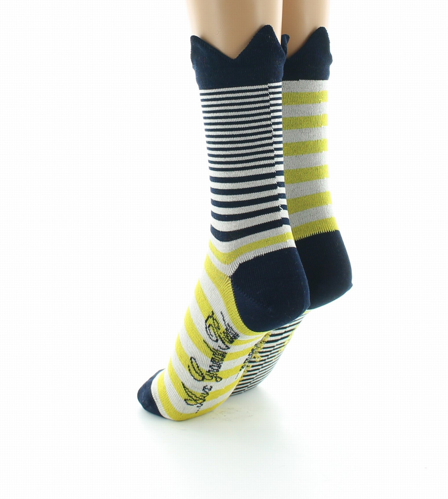 Chaussettes femme fil d'Ecosse couronne marine sur rayures jaunes MARINE/JAUNE