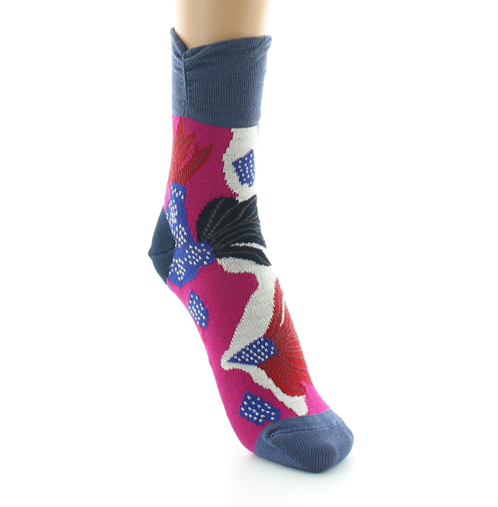 Chaussettes femme fil d'ecosse fleurs sauvages FUCHSIA