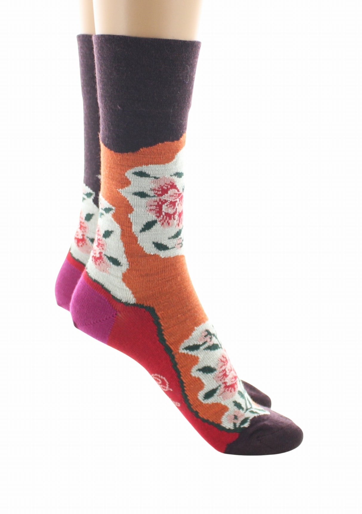 Chaussettes femme laine Berthe Pivoines Orange/Bordeaux ORANGE/BORDEAUX