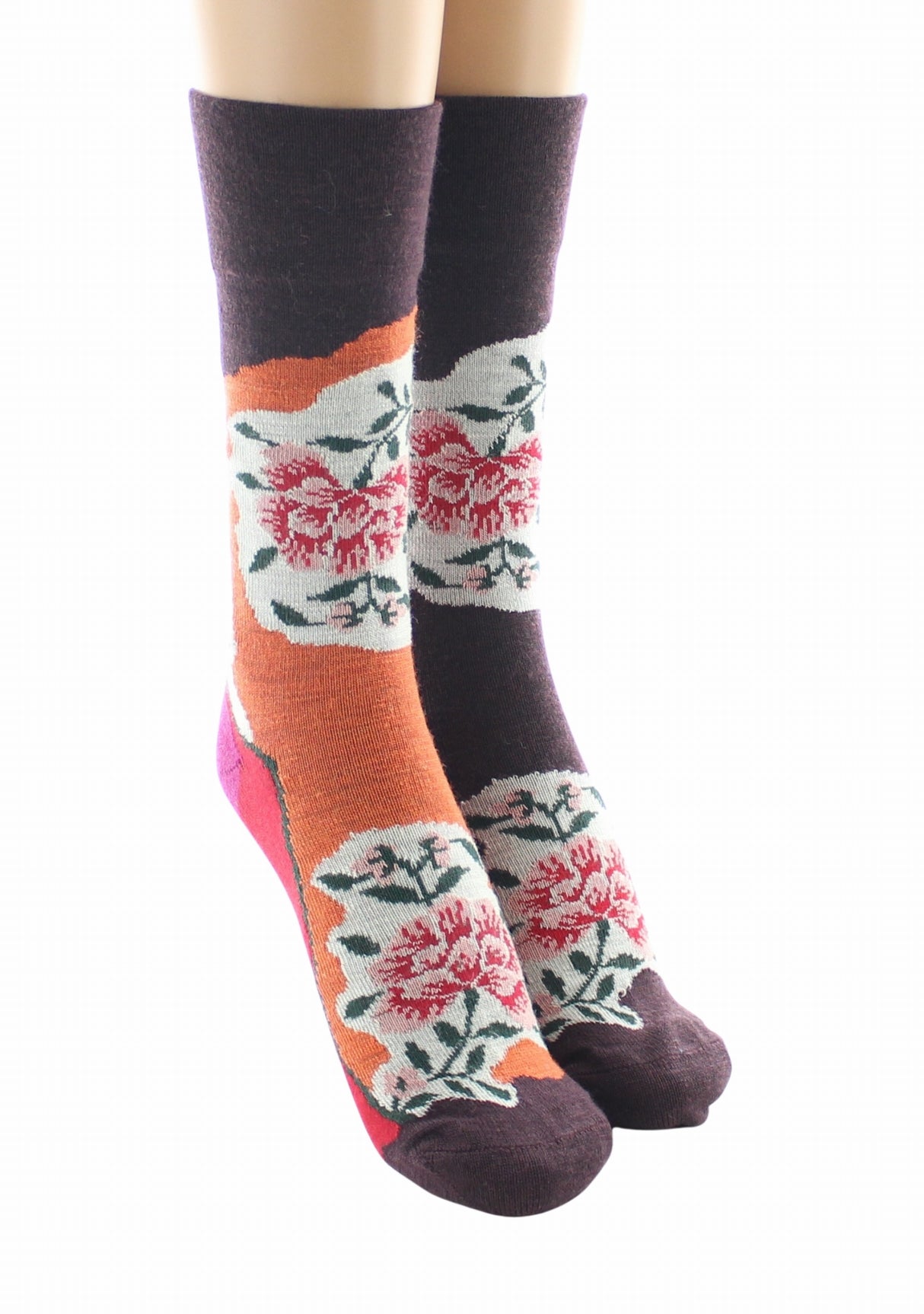Chaussettes femme laine Berthe Pivoines Orange/Bordeaux ORANGE/BORDEAUX