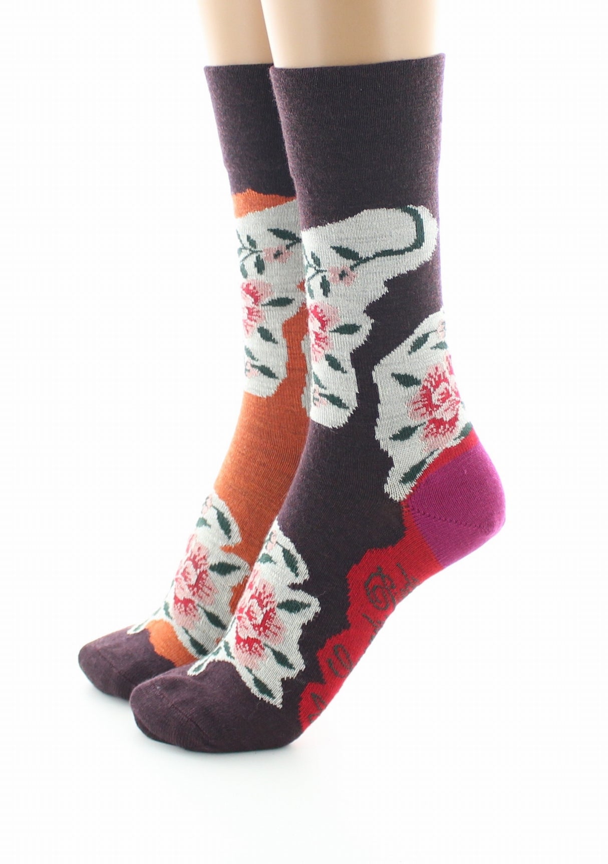 Chaussettes femme laine Berthe Pivoines Orange/Bordeaux ORANGE/BORDEAUX