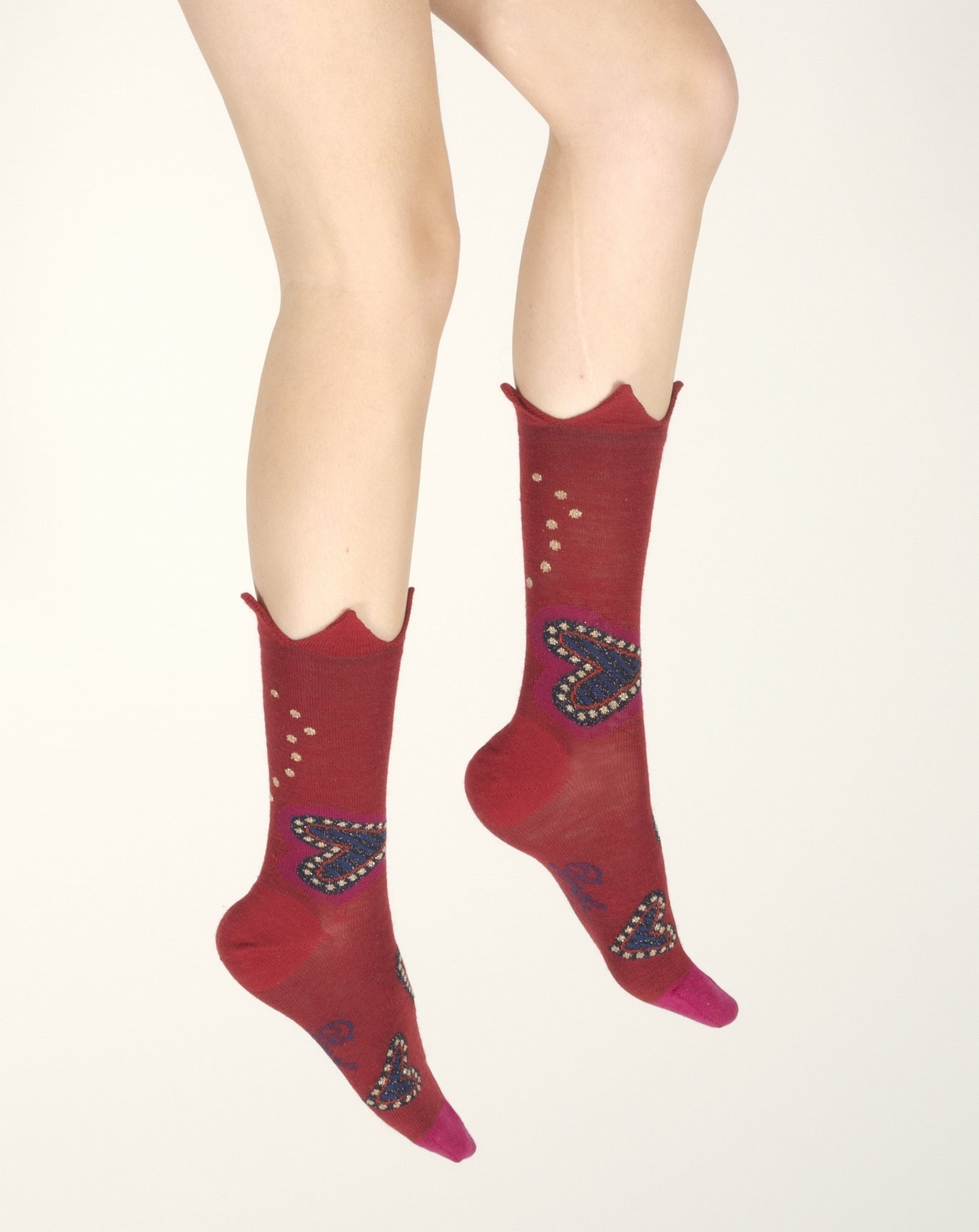 Chaussettes femme laine peignée cœur et couronne ROUGE