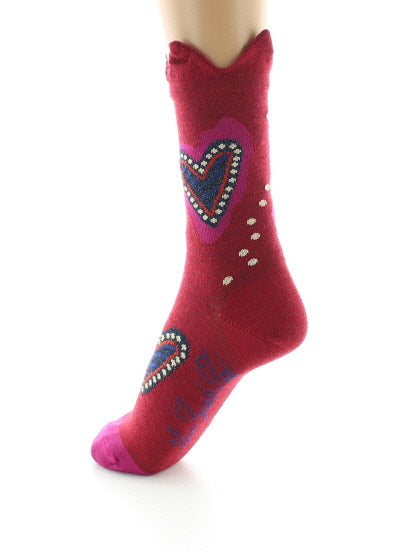 Chaussettes femme laine peignée cœur et couronne ROUGE