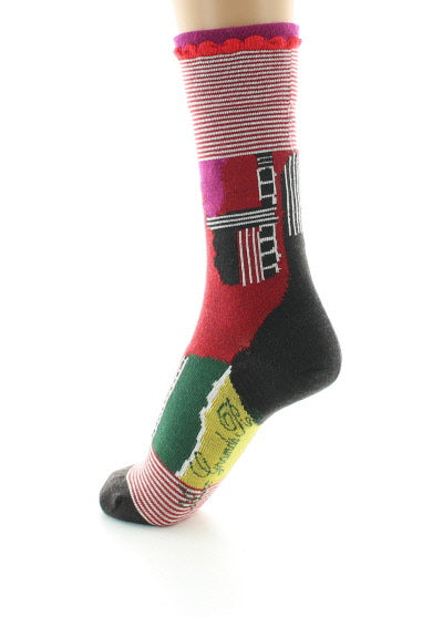 Chaussettes femme laine peignée cubisme ROUGE