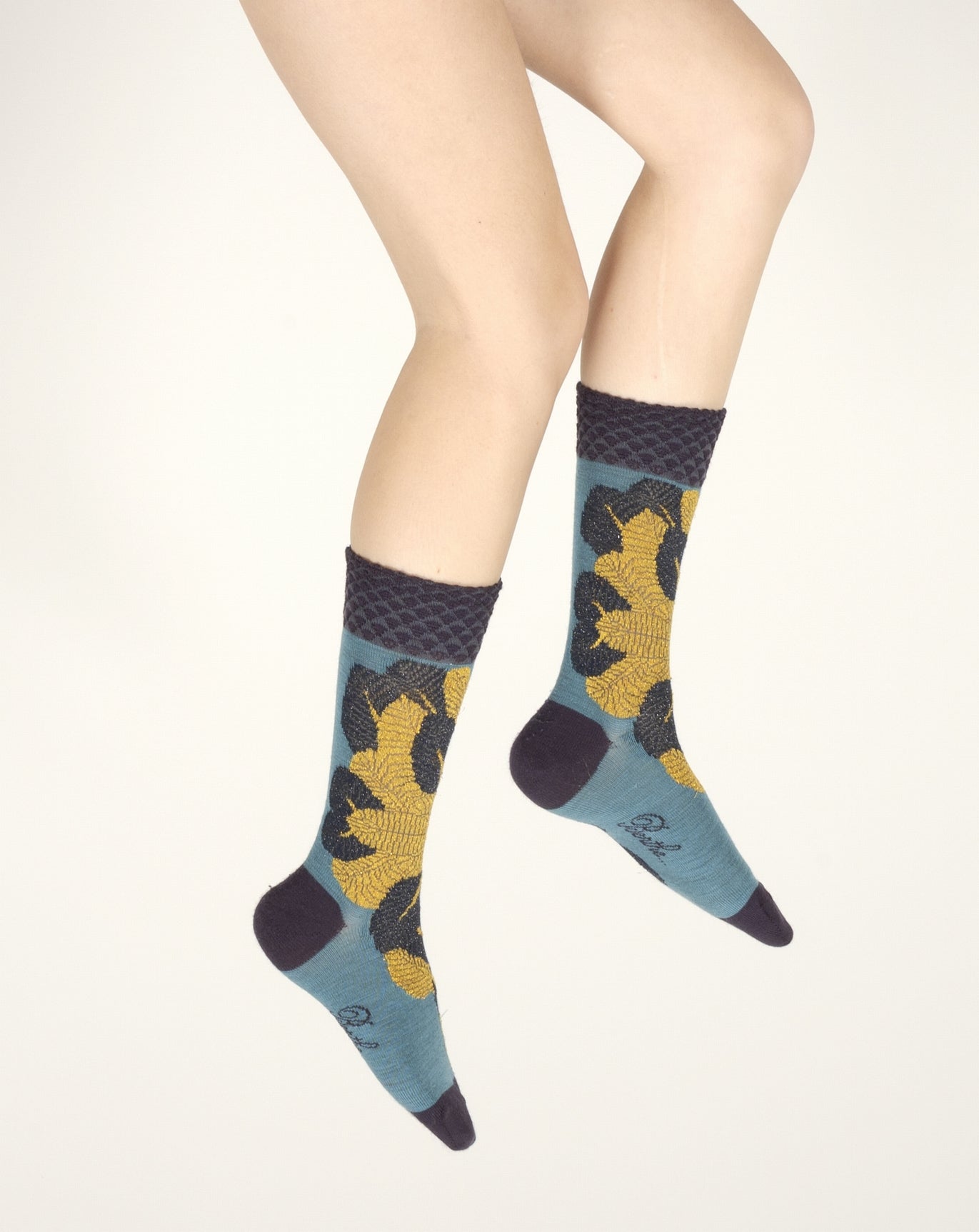 Chaussettes femme laine peignée feuilles d'or BLEU TURQUOISE