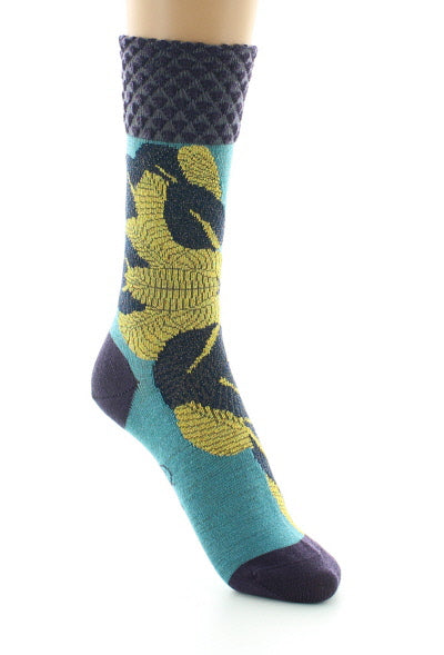 Chaussettes femme laine peignée feuilles d'or BLEU TURQUOISE