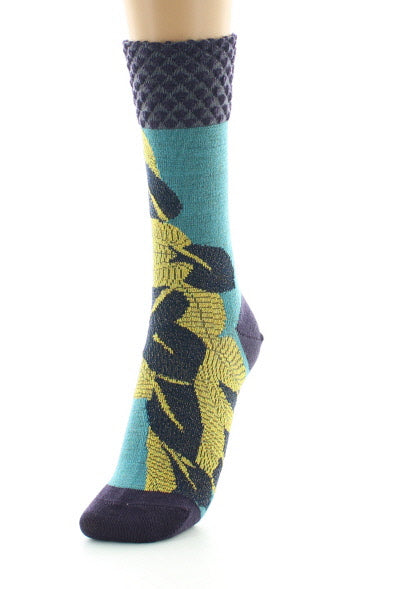 Chaussettes femme laine peignée feuilles d'or BLEU TURQUOISE