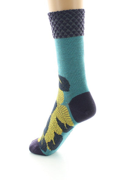 Chaussettes femme laine peignée feuilles d'or BLEU TURQUOISE